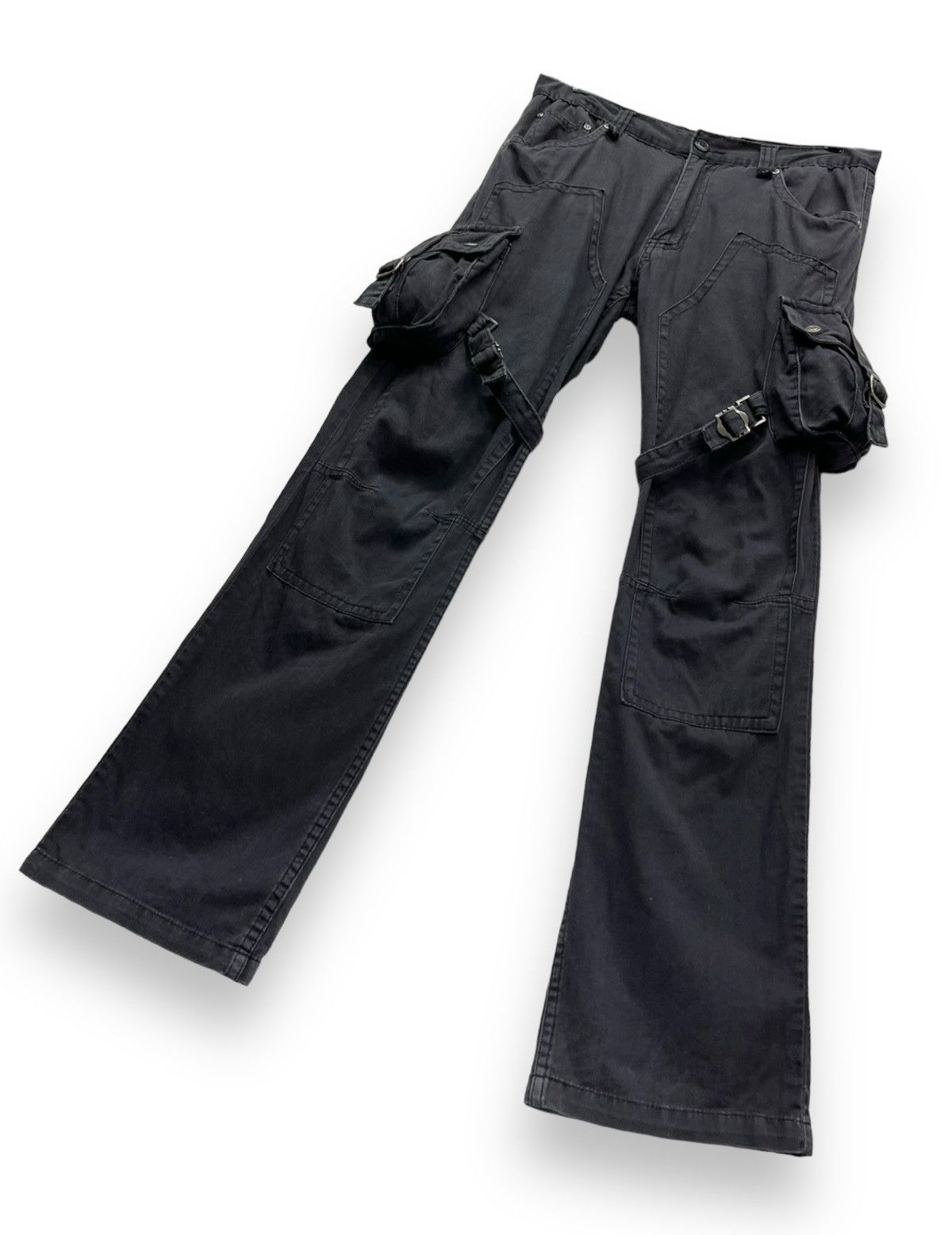 Seditionaries 🔥BIKE STAR Punk Bondage Cargo Double Knee Faded Black Flare Size US 32 / EU 48 - 3 Thumbnail