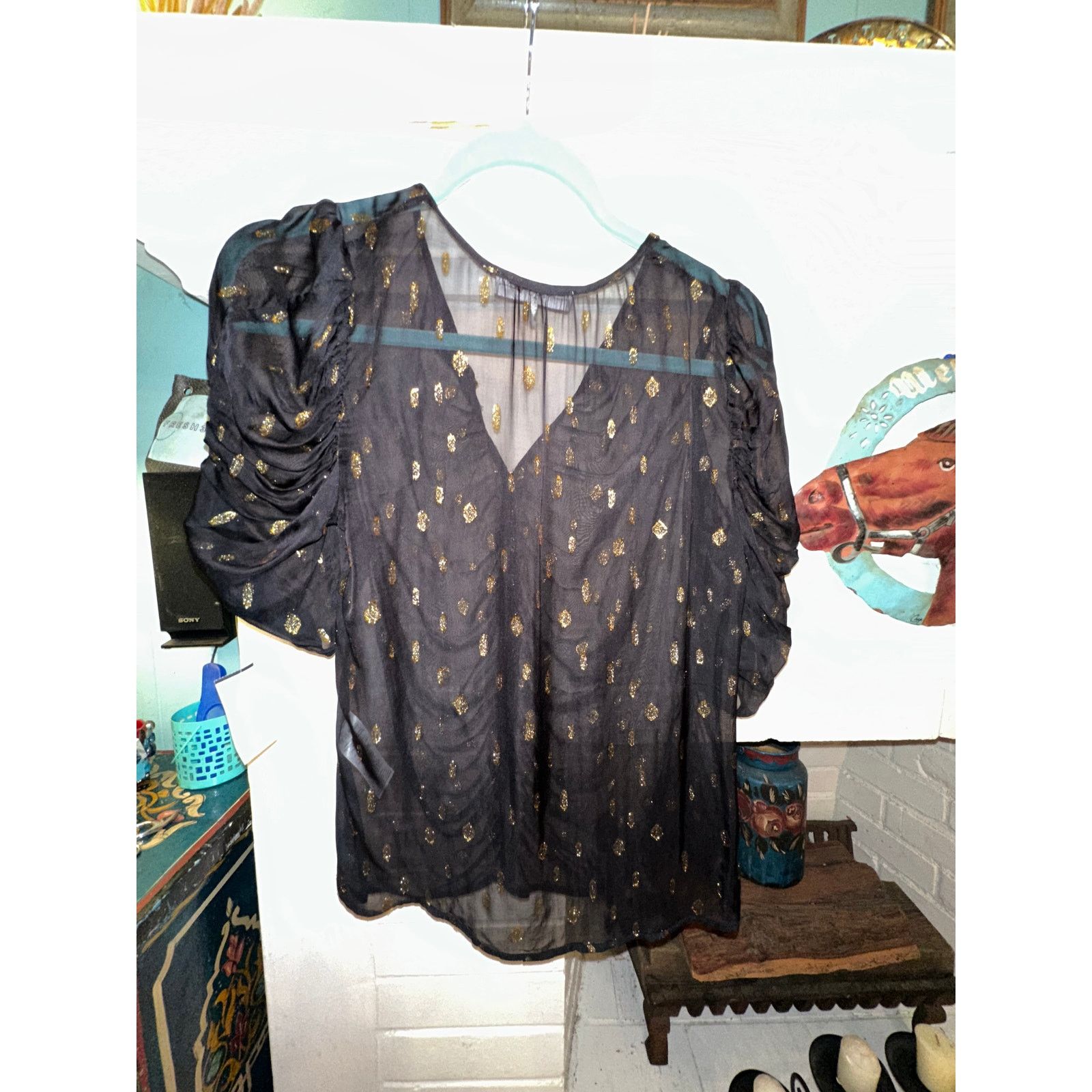 Frame FRAME $363 BLACK SHIRRED METALLIC JACQUARD KEYHOLE TOP S Size S / US 4 / IT 40 - 3 Thumbnail