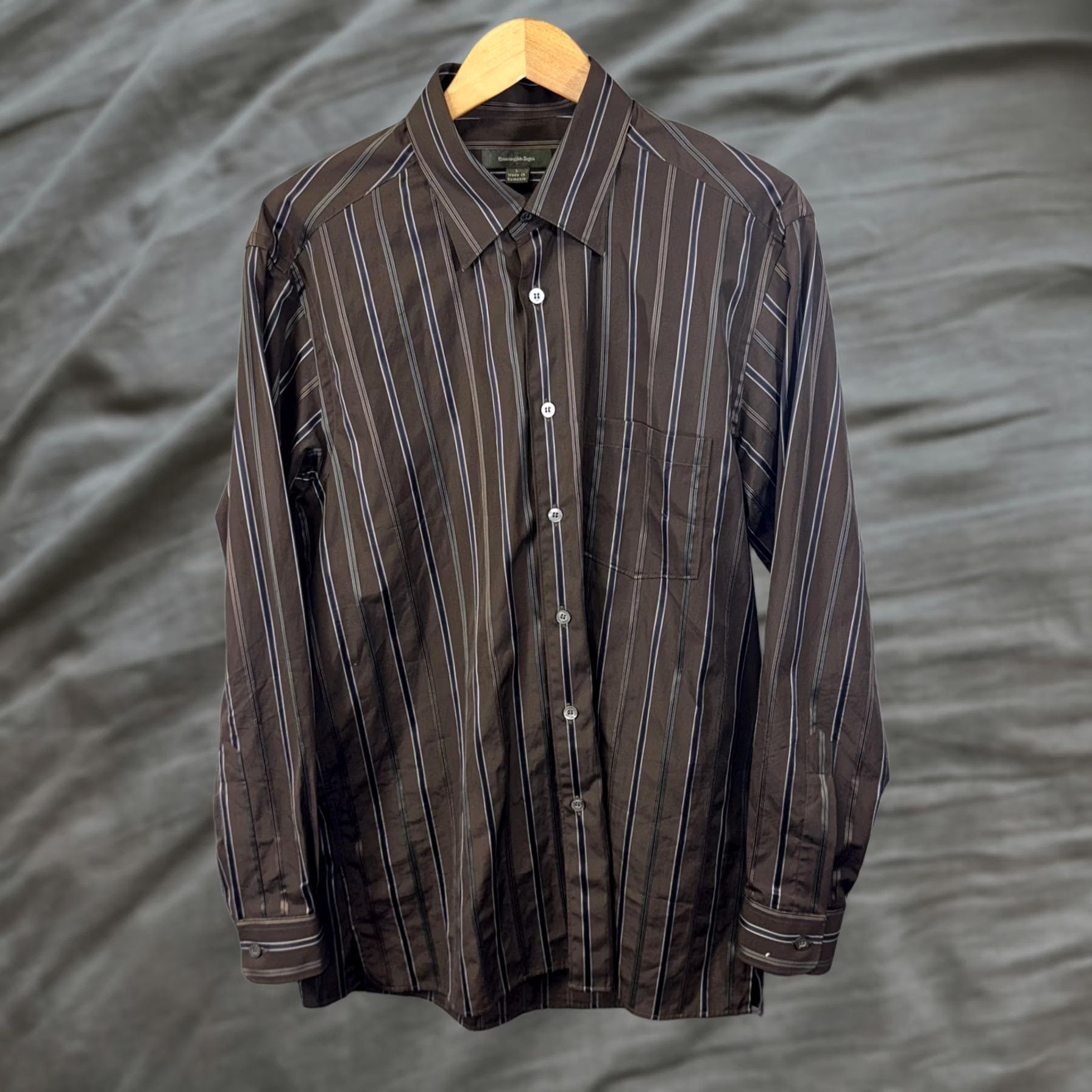 Ermenegildo Zegna Ermenegildo Zegna Dress Shirt Mens Large Brown Striped Button Down Long Sleeve Size 42R - 1 Thumbnail