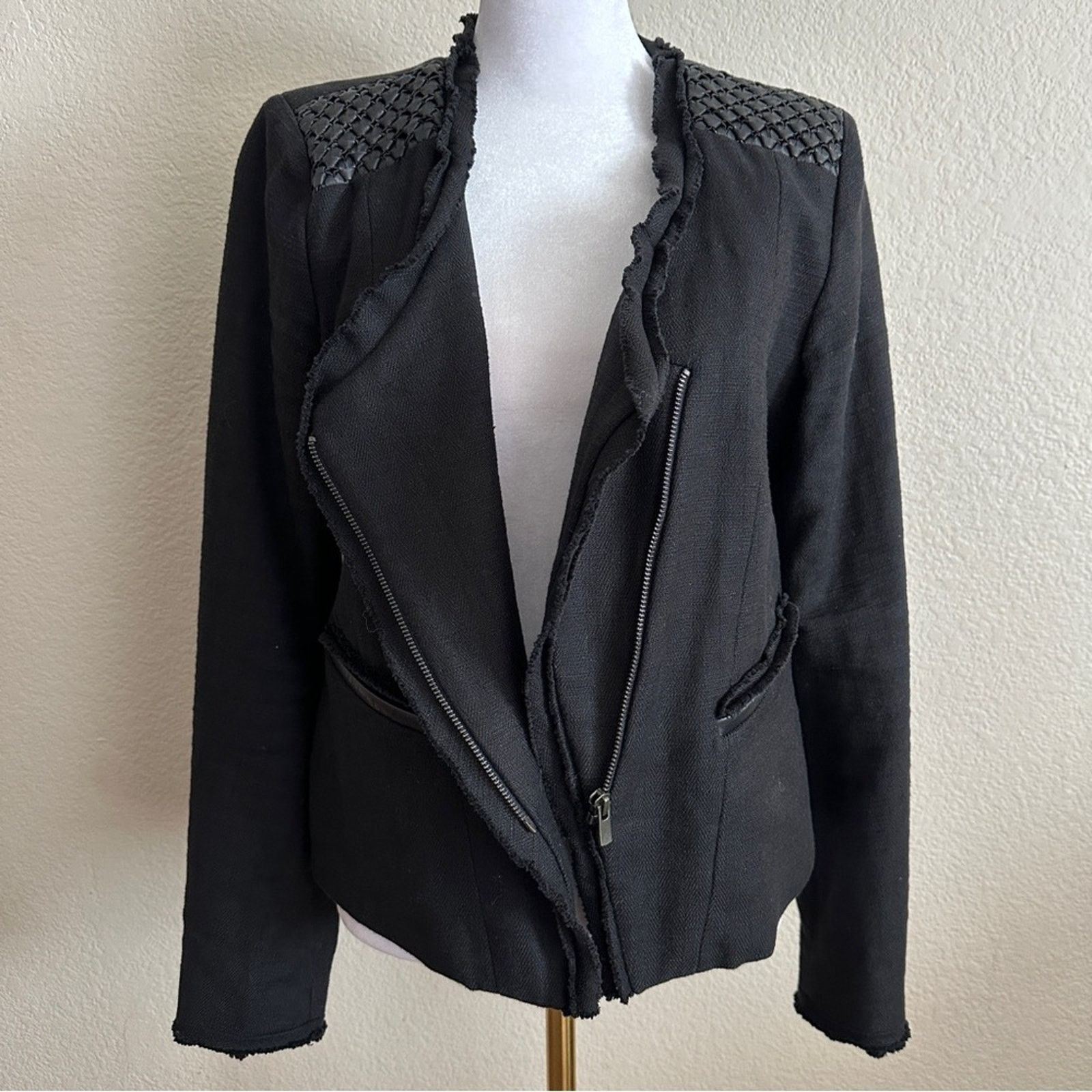 Maje MAJE Cotton Linen Lambskin Leather Ahead Moto Blazer Jacket Size XL / US 12-14 / IT 48-50 - 3 Thumbnail