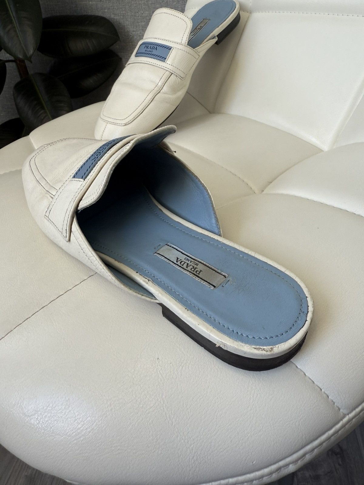 Prada Prada White Leather Backless Loafers Mules Blue Logo Detail Size US 9 / IT 39 - 6 Thumbnail