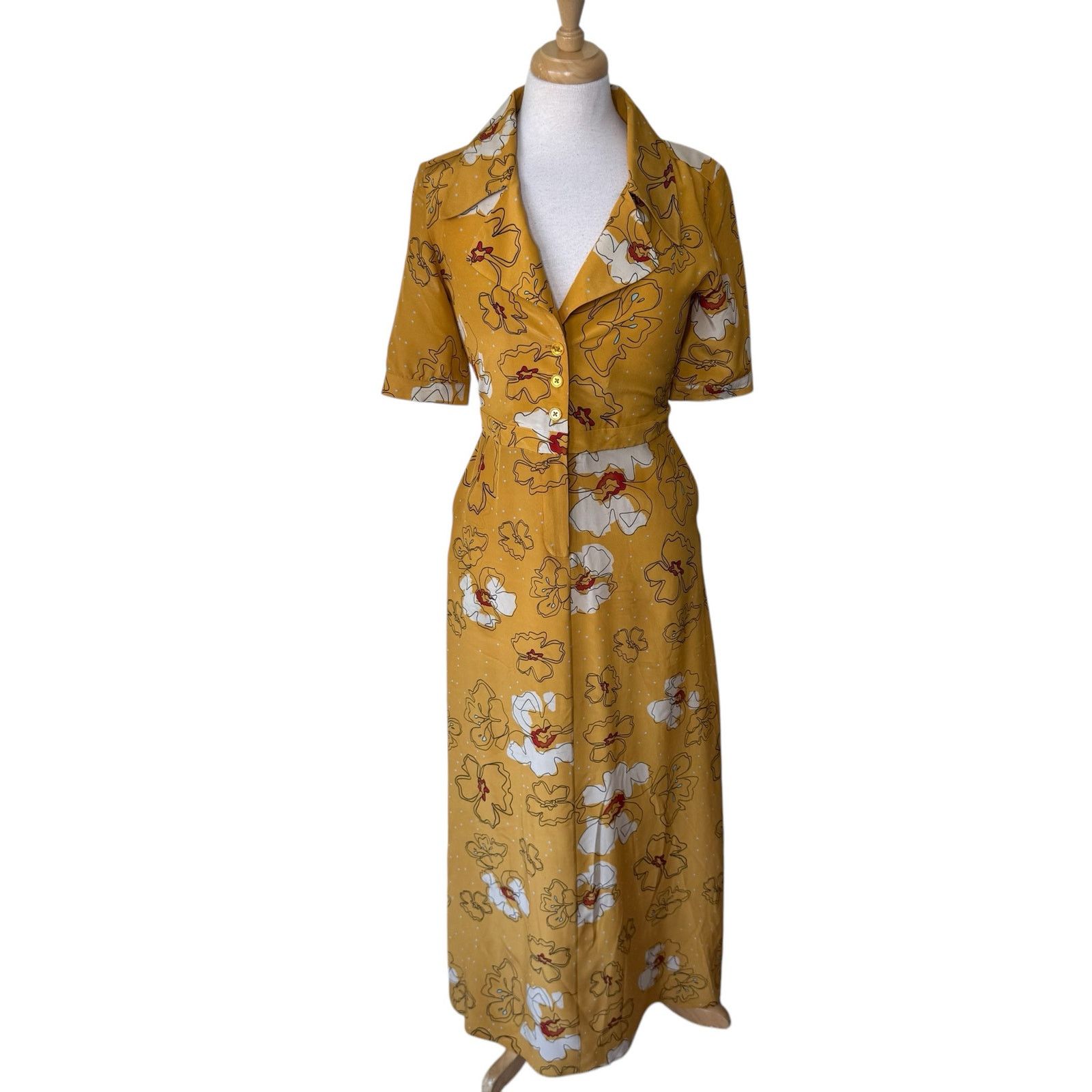 TUCKER 100% Silk Floral Maxi Short Sleeve V Neck Dress