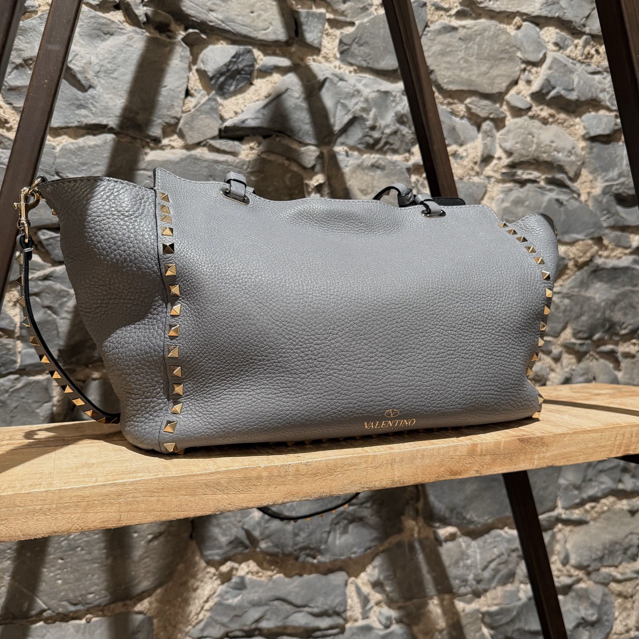 Valentino Valentino Grey Leather Rockstud Medium Shopping Tote Size ONE SIZE - 5 Thumbnail