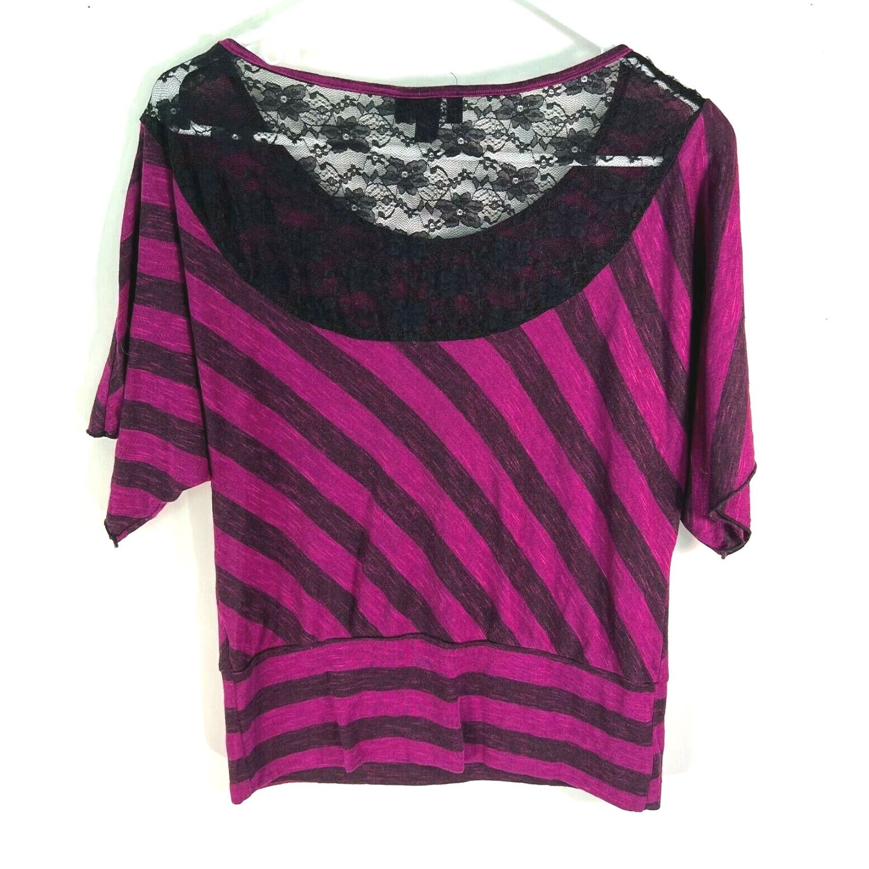 Vintage IZ Byer Womens Blouse Shirt Striped Lace Back Purple XL Dolman Sleeve Casual Regular Runtime: 22in 40in Chest Womens Fit 50% Rayon 50% Polyester Size XL / US 12-14 / IT 48-50 - 2 Thumbnail