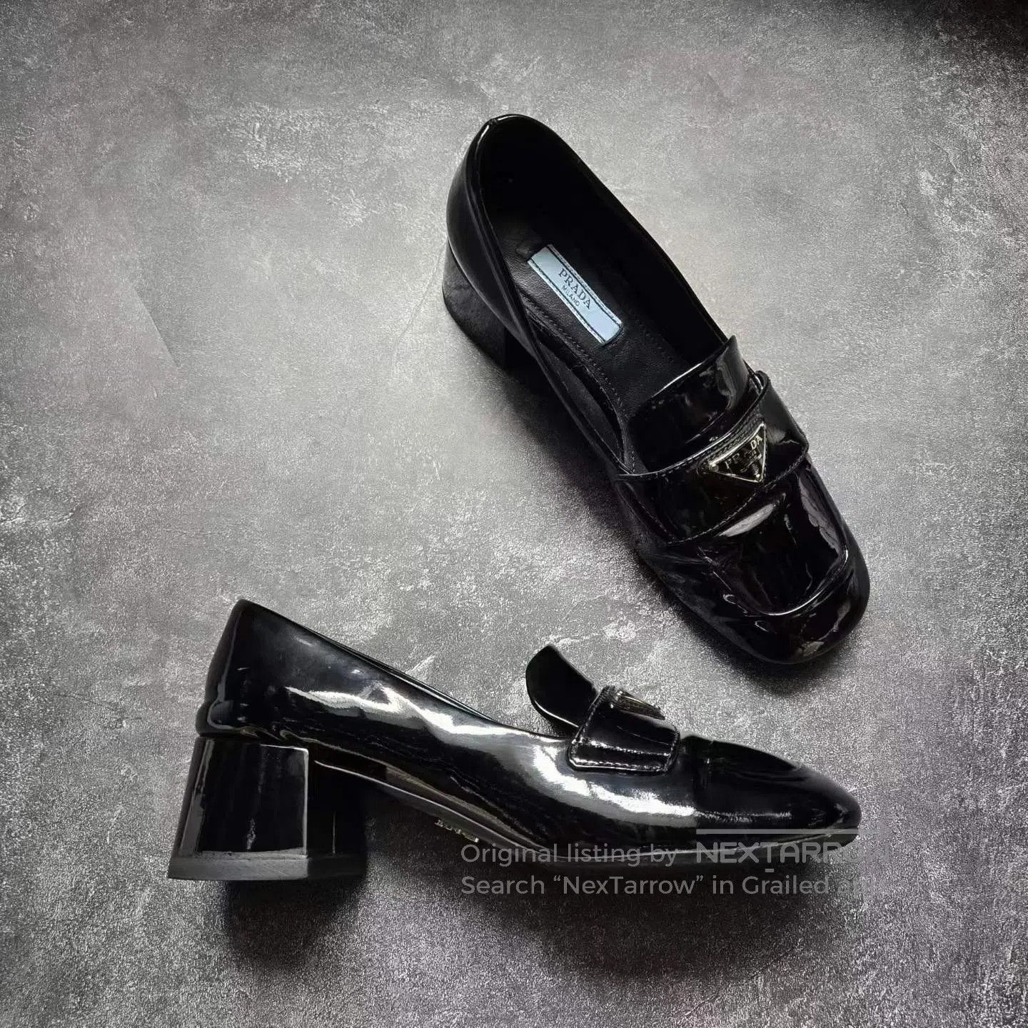 Prada Prada Triangle Logo Black Patent Leather Block Heel Loafer Size US 5 / IT 35 - 6 Thumbnail