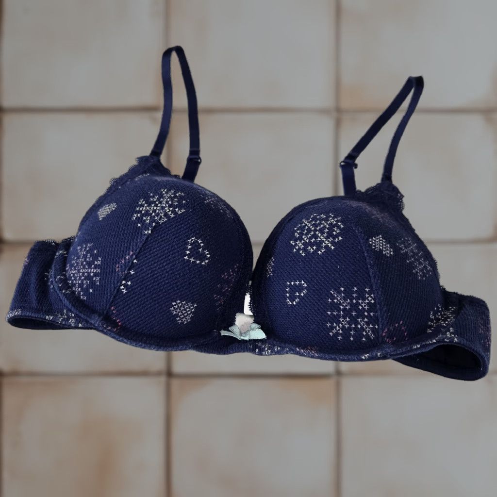 Victorias Secret Victoria's Secret Women Bra 36B Navy Blue Fair Isle Plunge Underwired Bow Lace