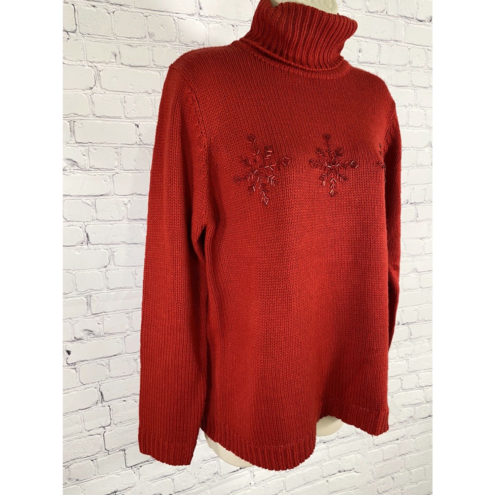 Cherokee VINTAGE Cherokee Collection Red Cable Knit Beaded Snowflake Turtleneck Sweater M Women Size M / US 6-8 / IT 42-44 - 2 Thumbnail