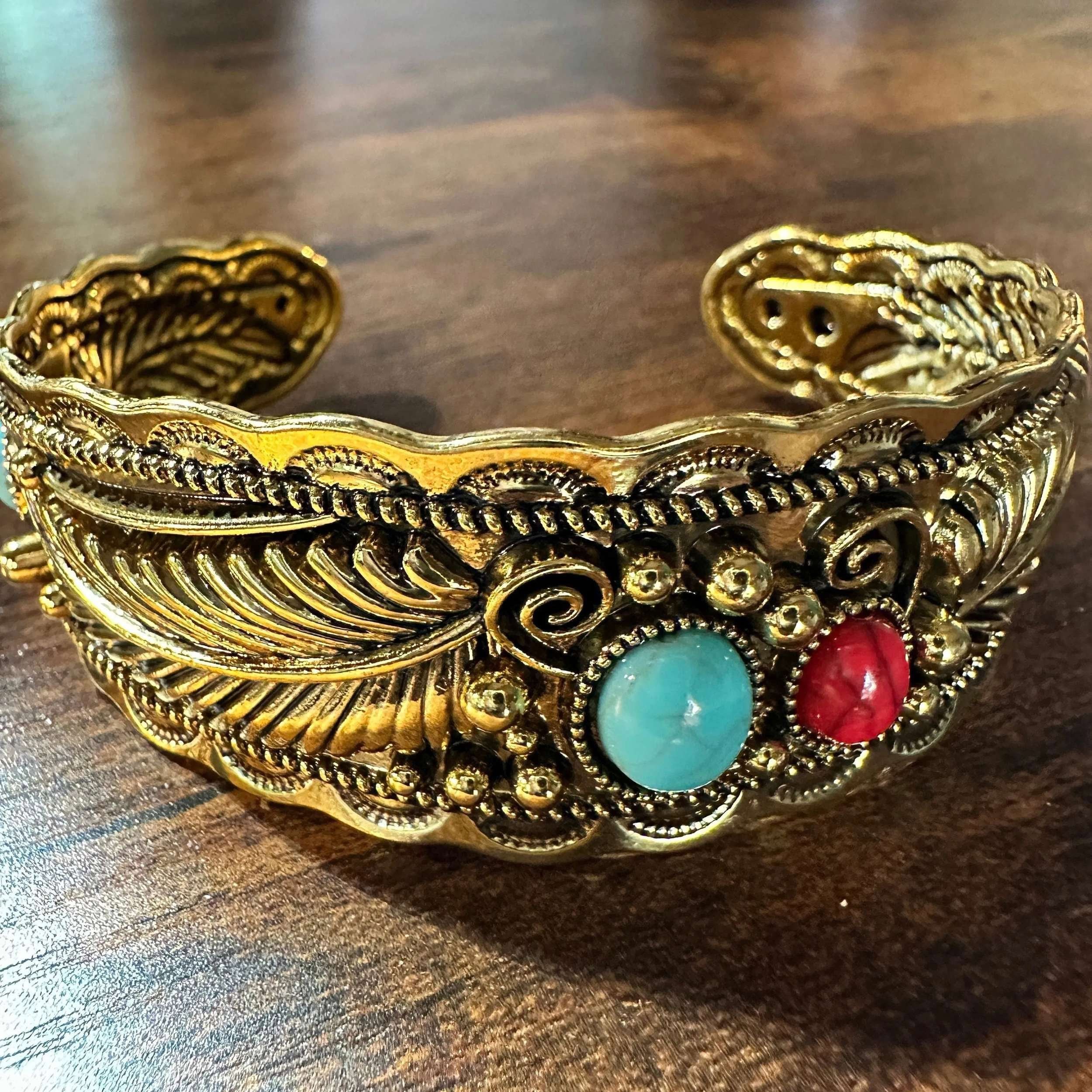 Other Handcrafted Boho Native American Bracelet, Gold Plated Turqu Size ONE SIZE - 6 Thumbnail