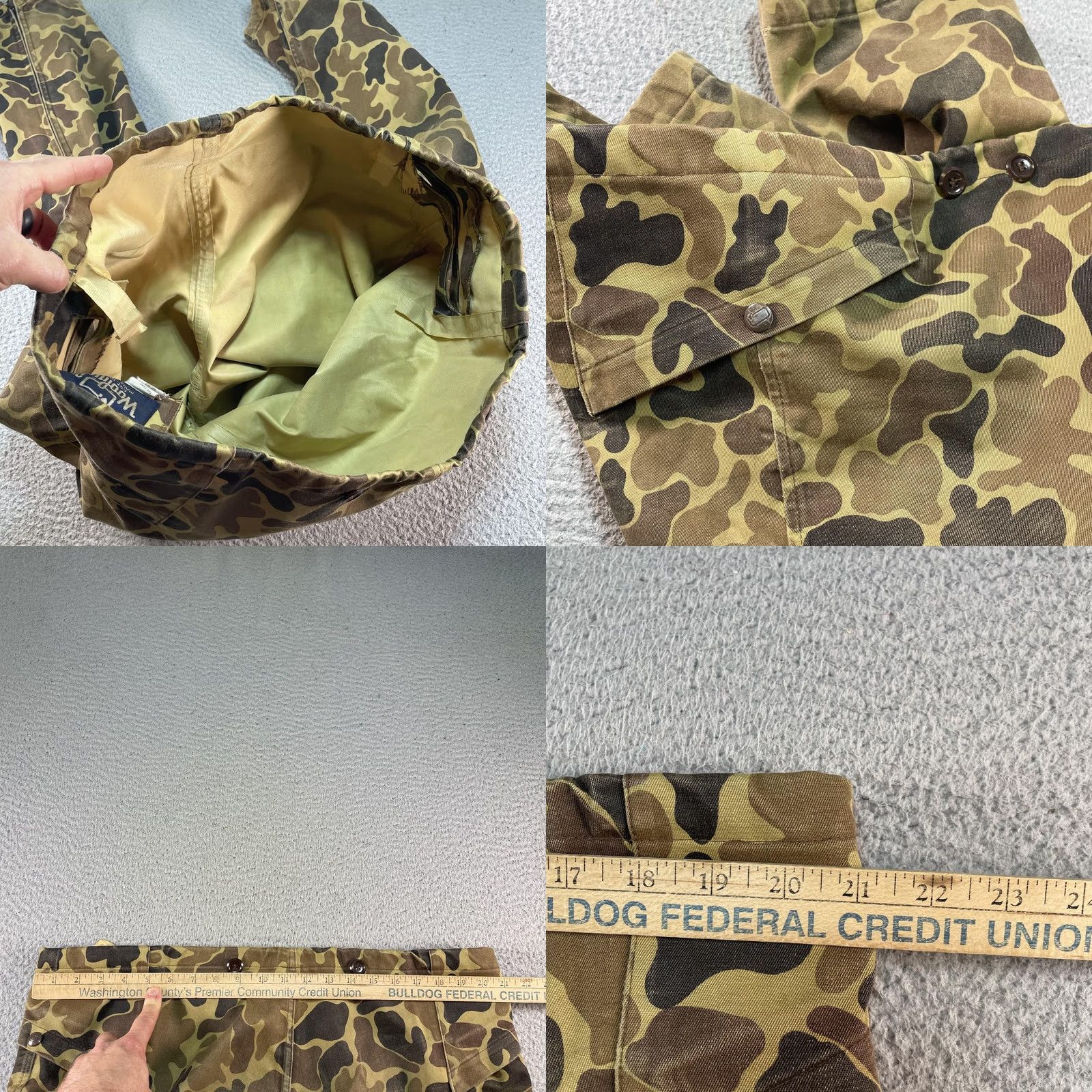 Vintage VINTAGE Woolrich Gore Tex Pants Mens Large Brown Frogskin Camo Waterproof USA Pants Mens L Brown Camo 80s 90s USA Woolrich Gore-Tex Rain Workwear Mens Size US 33 - 9 Thumbnail
