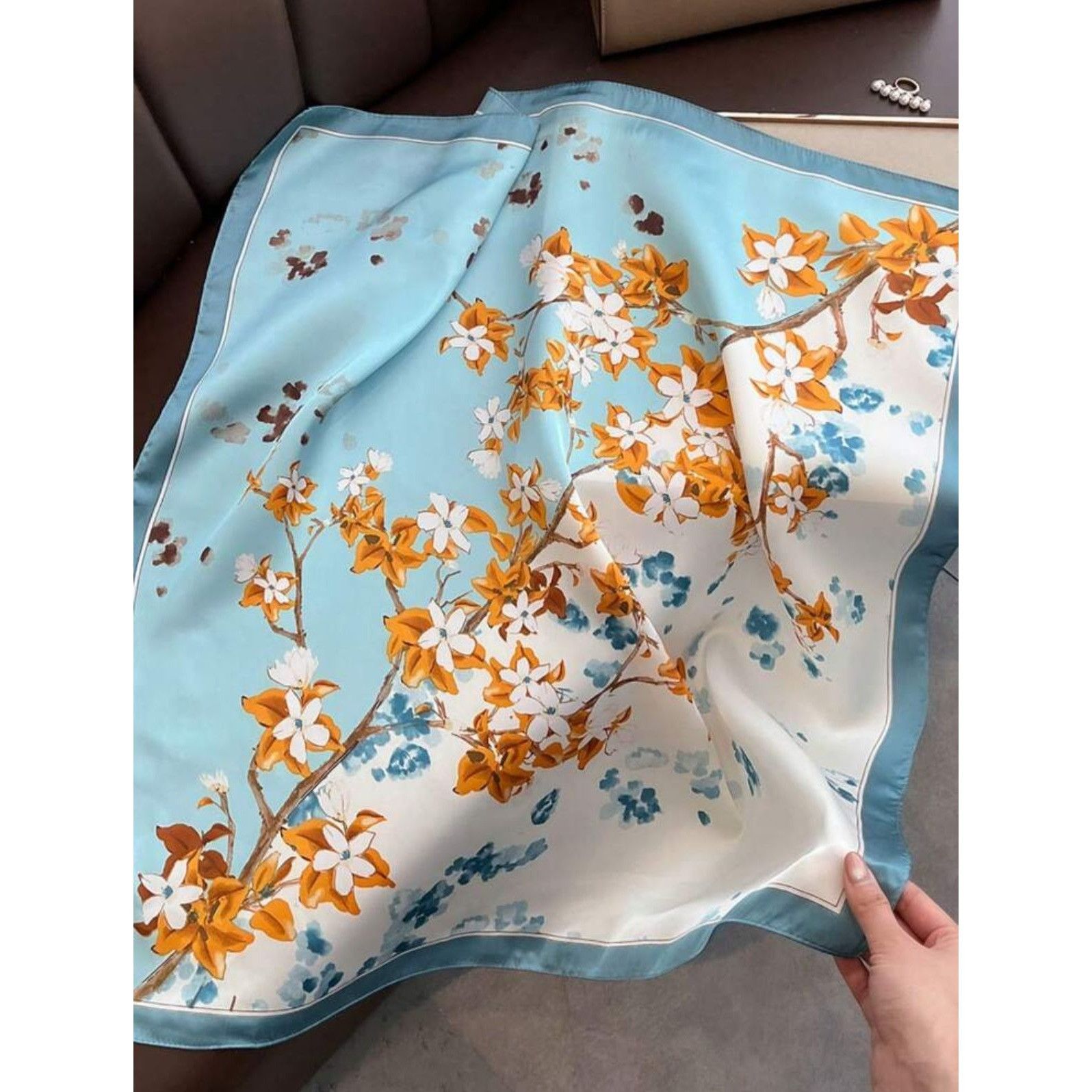 Other Scarf New Elegant Bandana FLORAL Sky Blue Retro Style Silk A Size ONE SIZE - 6 Thumbnail