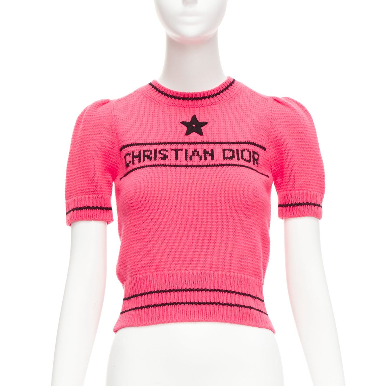 image of Christian Dior 2022 100% Cashmere Pink Black Logo Puff Sleeve Crop Sweater Fr34 Xxs, Women's