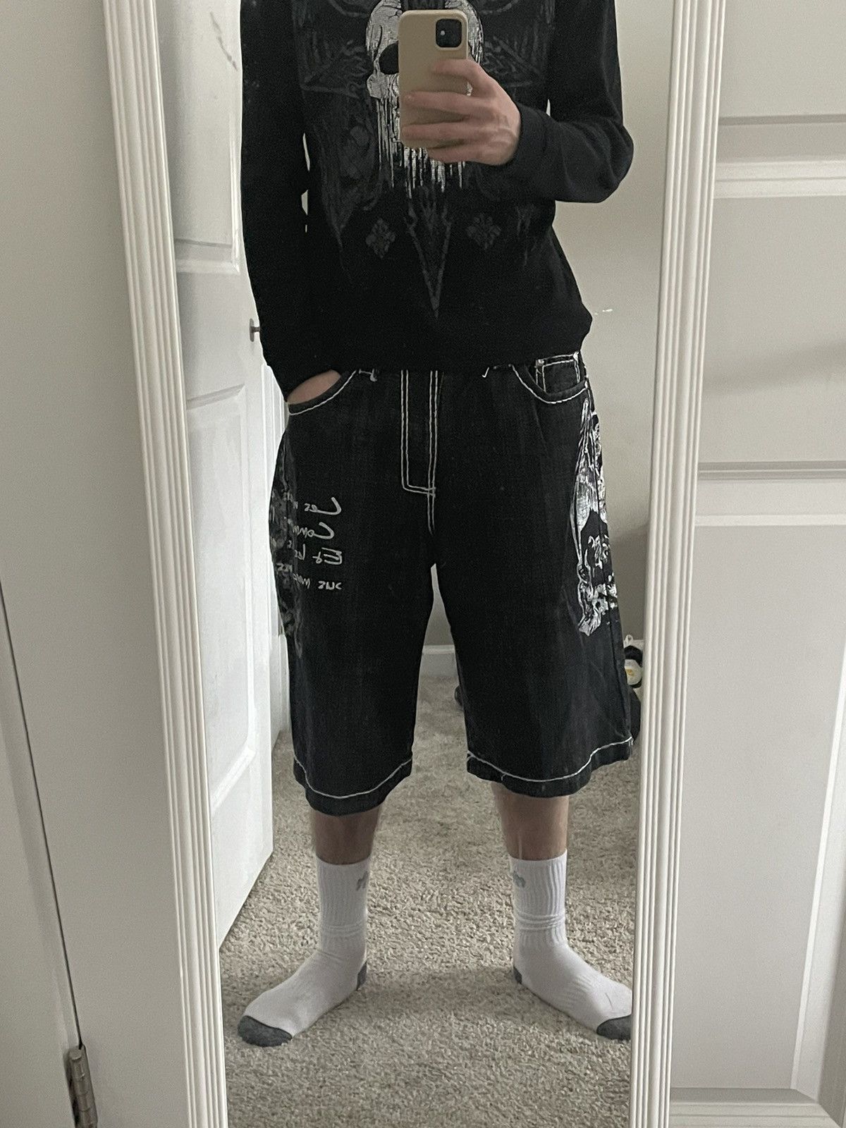 image of Crazy Y2K Jorts With Fire Embroidery in Black, Men's (Size 36)