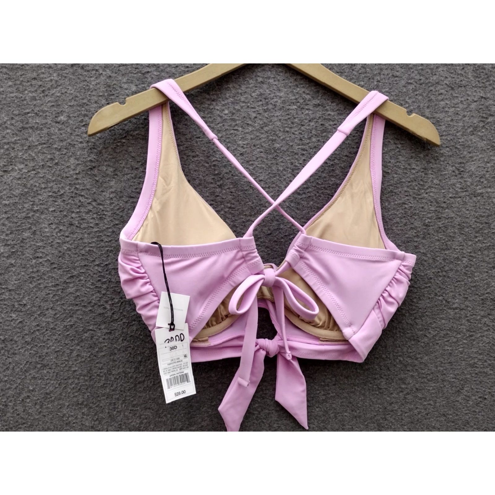 Vintage Shade & Shore Bikini Top Purple Front Tie Keyhole Cross Back Padded 38D Adult Women Beach Leopard Pattern Solid Nylon Polyester Spandex Lined Strap Size XS / US 0-2 / IT 36-38 - 2 Thumbnail