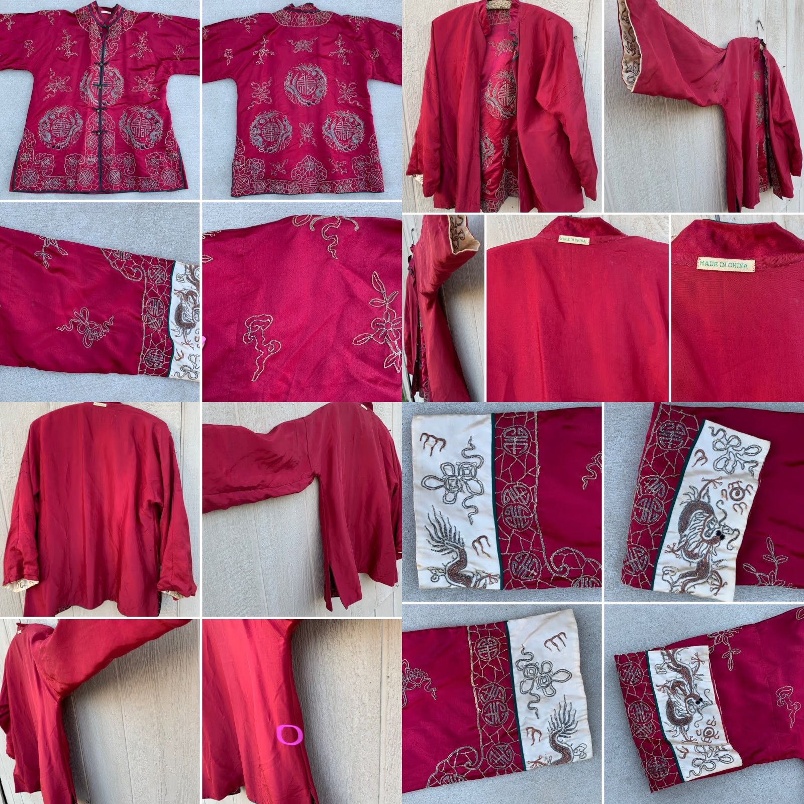 Vintage Vtg Chinese Silk Embroidered Dragon Longevity Shou Jacket Robe Mandarin Collar Jacket/string? Size ONE SIZE - 8 Thumbnail