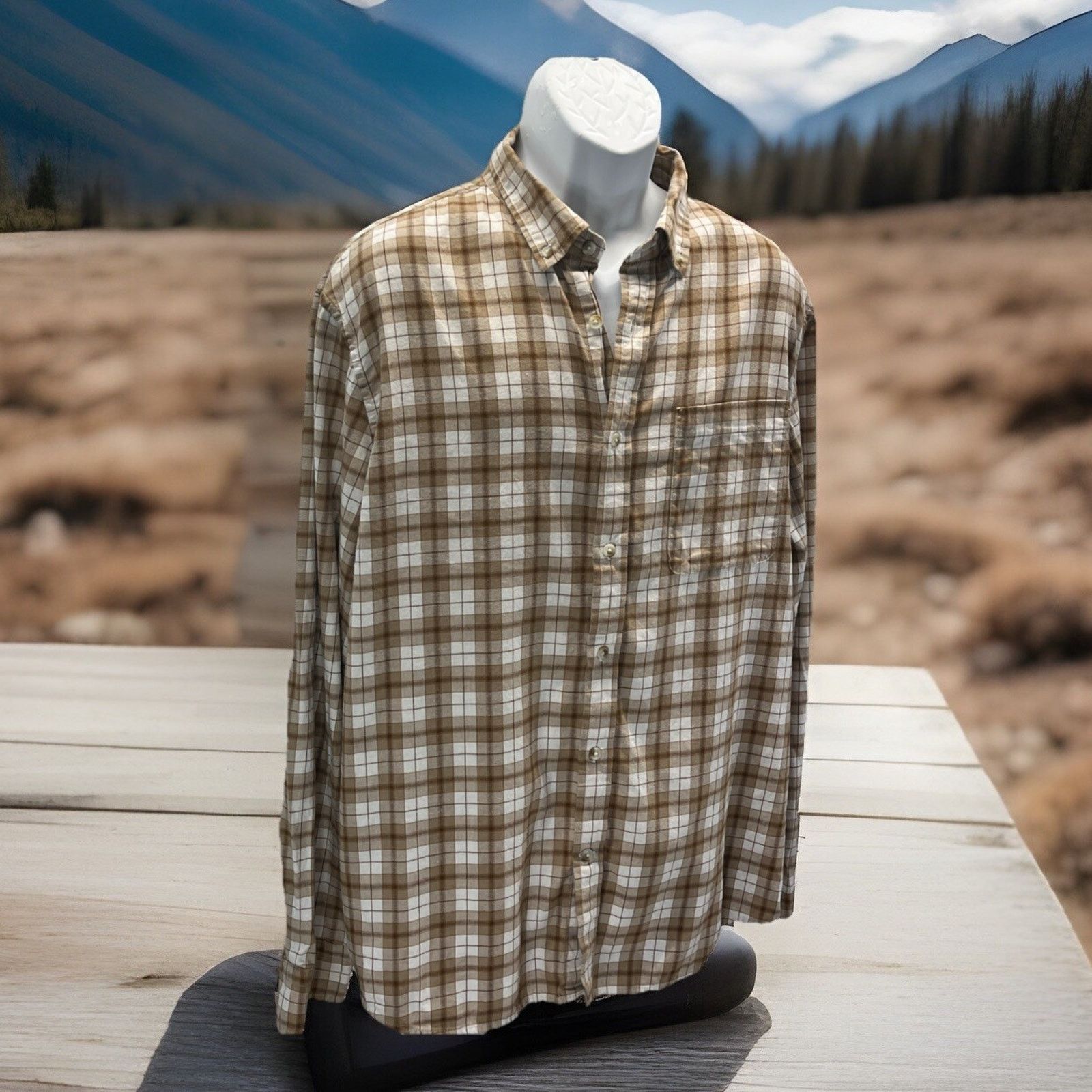 Banana Republic MENS BANANA REPUBLIC BROWN KHAKI MULTI PLAID SLIM SHIRT XL Size US XL / EU 56 / 4 - 3 Thumbnail