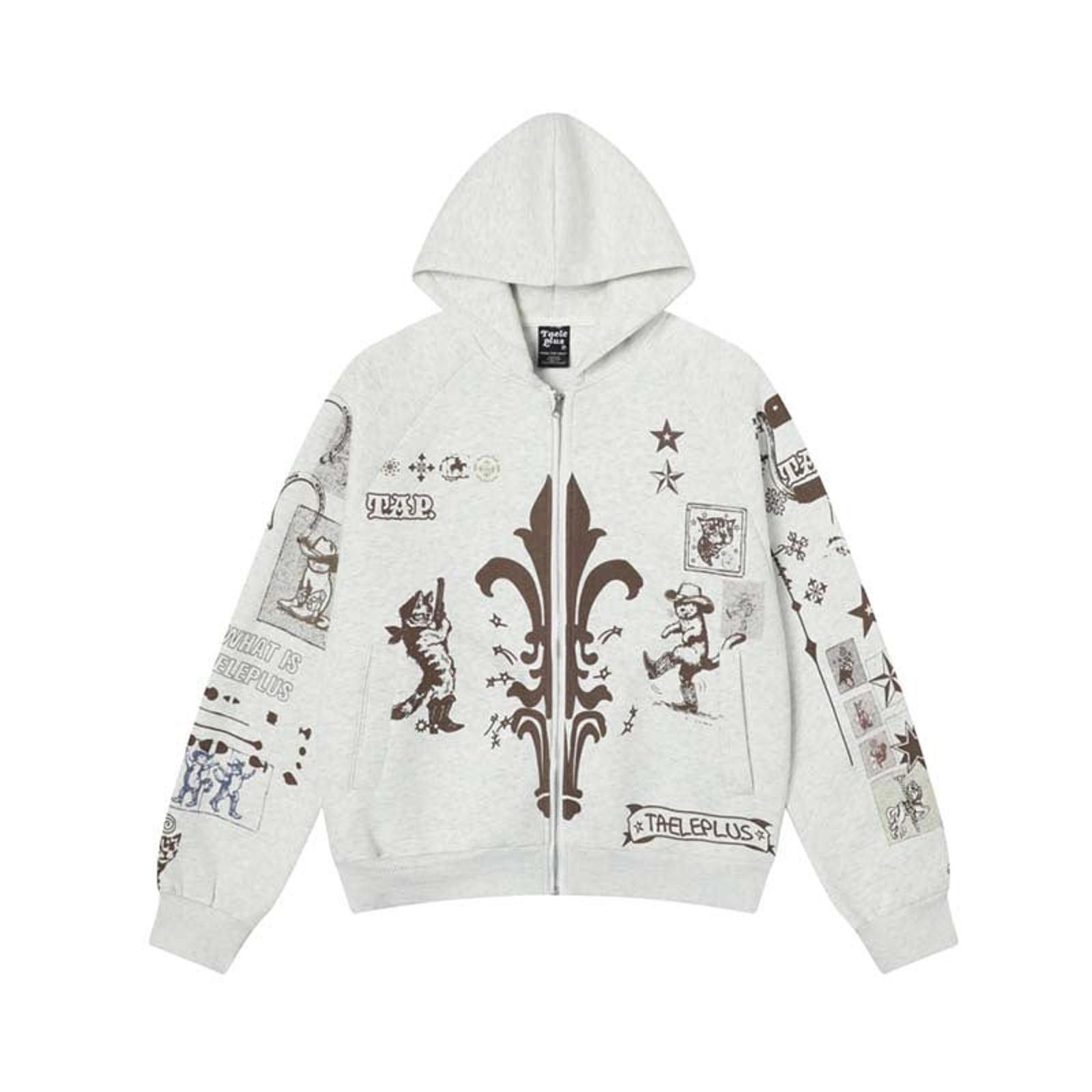 Japanese Brand Light Gray Graphic Zip-Up Hoodie, Casual Streetwear Size US M / EU 48-50 / 2 - 1 Thumbnail