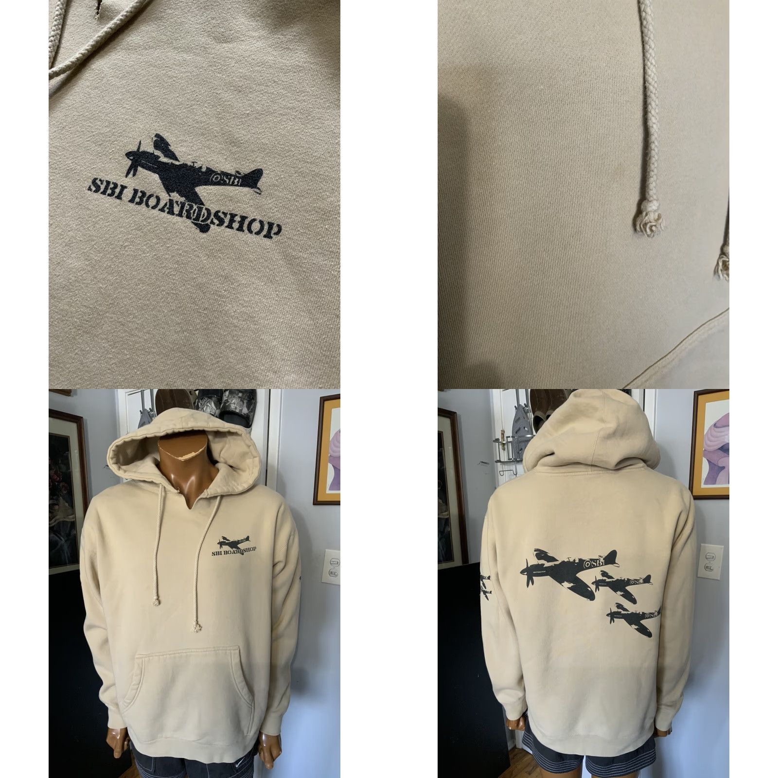 Vintage VINTAGE SBI Boardshop Planes Skateboarding Oatmeal Pullover Hoodie Sz. L Mens Beige 54in Chest 30in Length Size US L / EU 52-54 / 3 - 8 Thumbnail