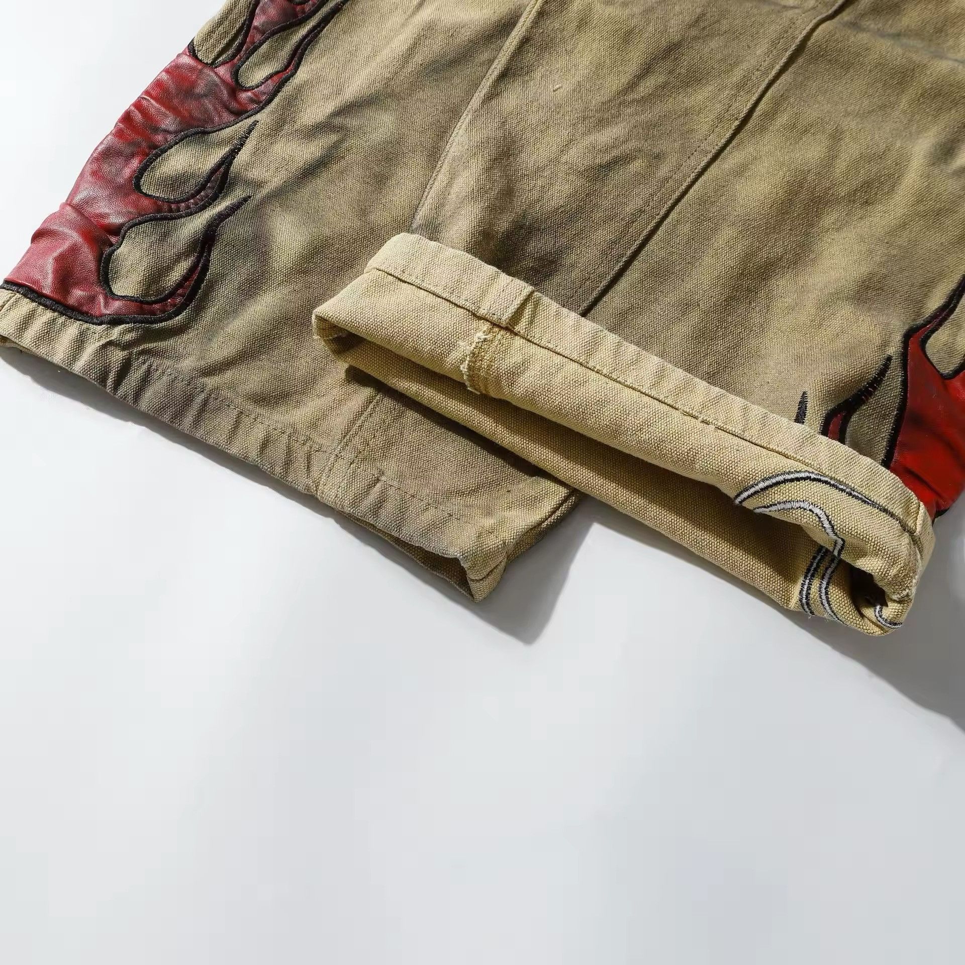 Vintage Khaki Flame Embroidery Wide Leg Jean