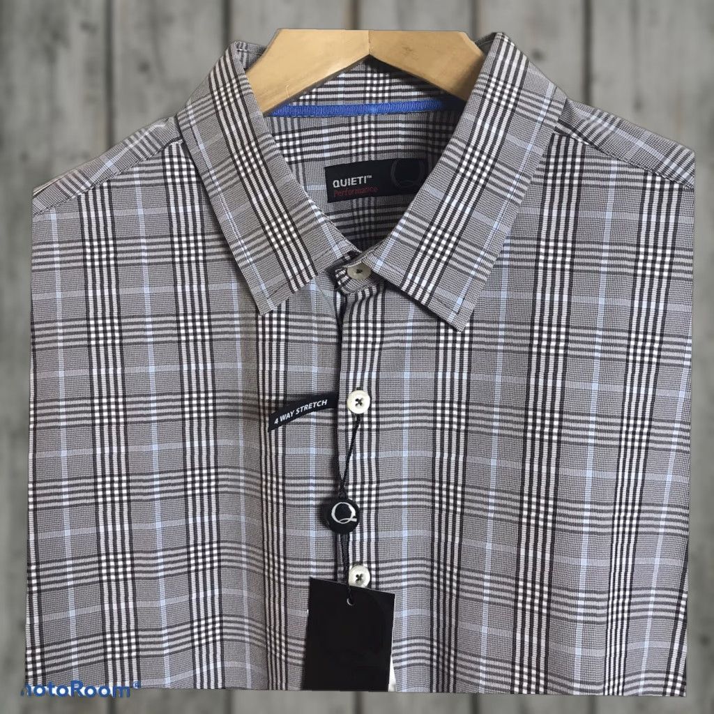 Quieti Shirt Men Large Brown Glen Plaid Performance 4-Way Stretch No Iron Moisture Wicking Wrinkle Free Button-Up/Long Sleeve Muscular Mens