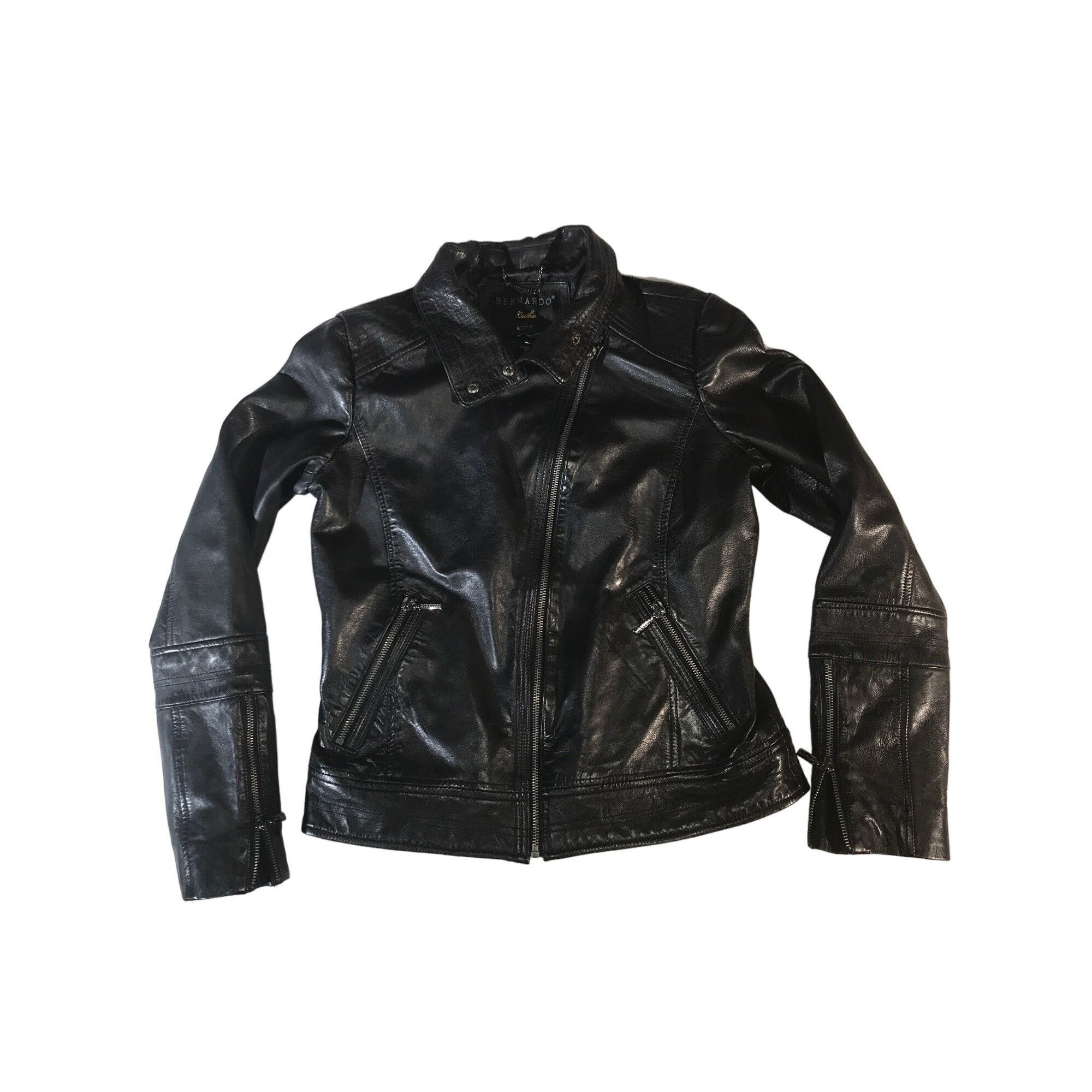 Bernardo NWT Womens Black Leather Zippers Moto Bomber Jacket