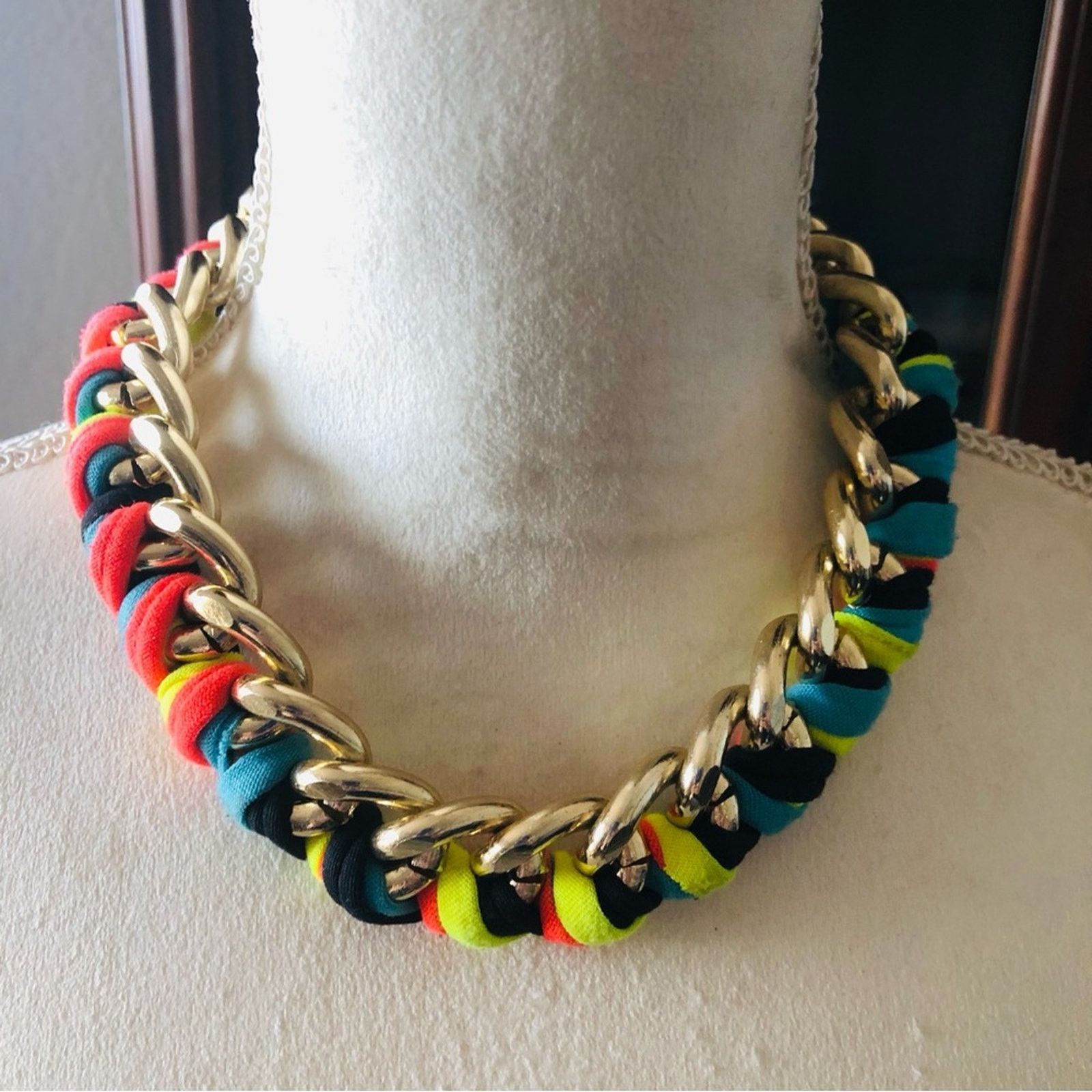 Handmade Hand crafted colorful ribbon braided gold chain necklace Size ONE SIZE - 2 Thumbnail