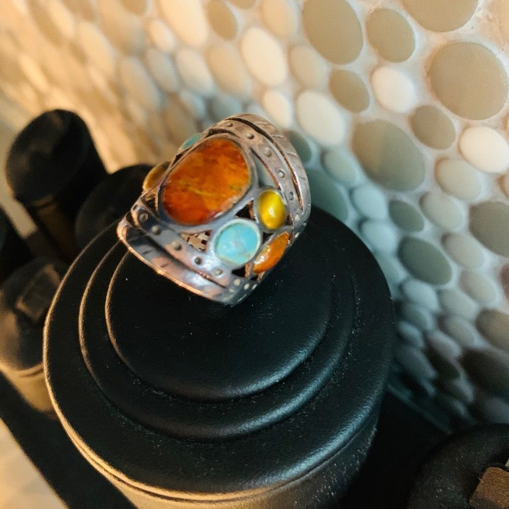 Vintage Sterling Silver ring with Precious stones size 6.5 Size ONE SIZE - 2 Thumbnail