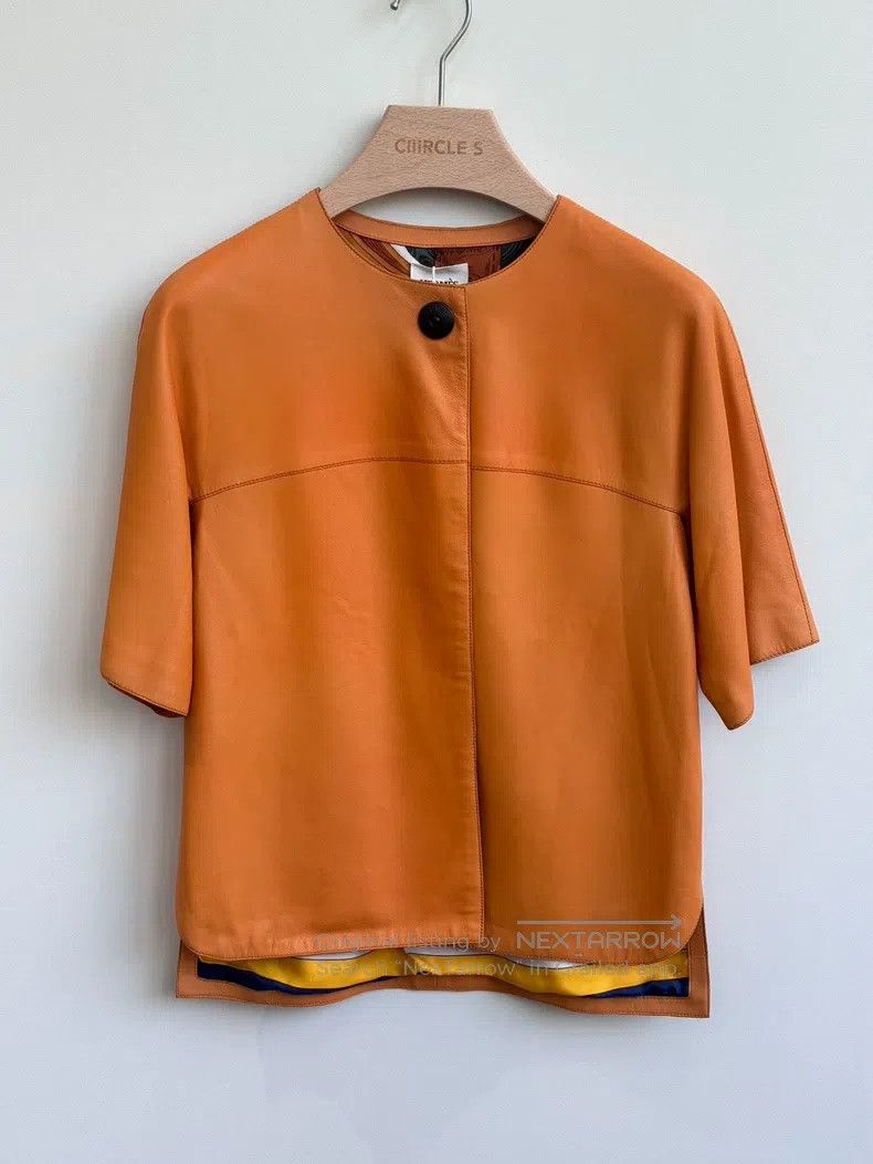 Hermes Hermes Orange Short-sleeve Leather Jacket Size XXS / US 00 / IT 34 - 1 Thumbnail