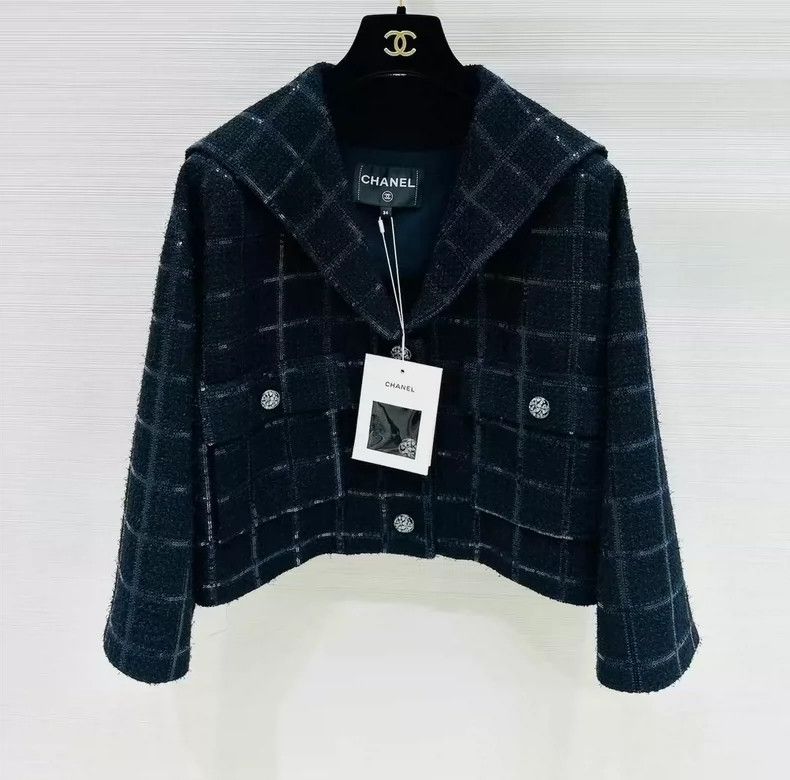 Chanel Chanel 24S blue wool tweed plaid glitter navy collar jacke Size XXS / US 00 / IT 34 - 1 Thumbnail