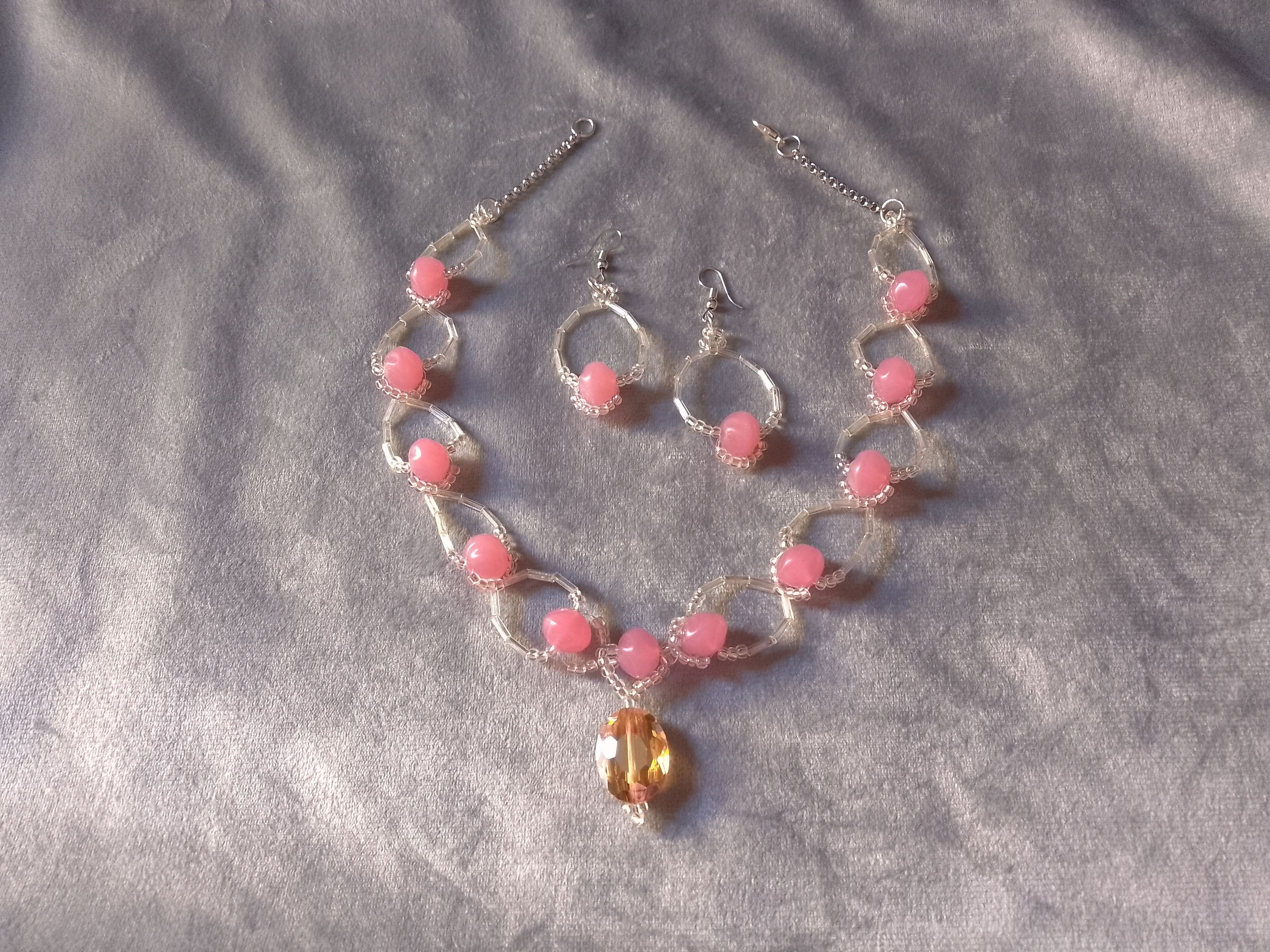 Handmade Necklace Pink Resin Stones Crystal Pendant. Earrings Size ONE SIZE - 1 Thumbnail