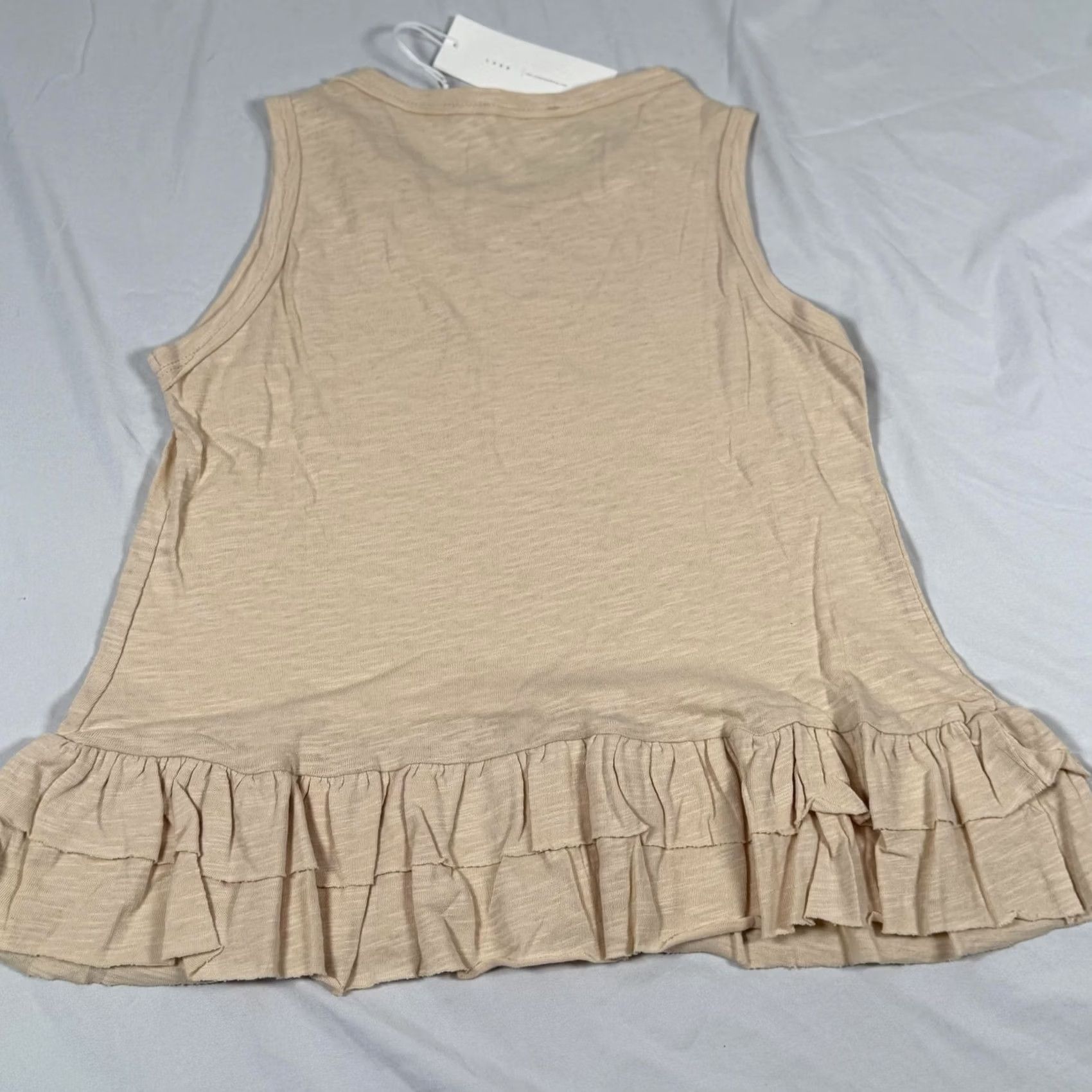Vintage Lush Tank Top Womens Small Beige Ruffle Hem Sleeveless Jersey Knit Casual Spring Summer Ladies Sleeveless Crew Neck Pattern: Solid Women Size S / US 4 / IT 40 - 5 Thumbnail