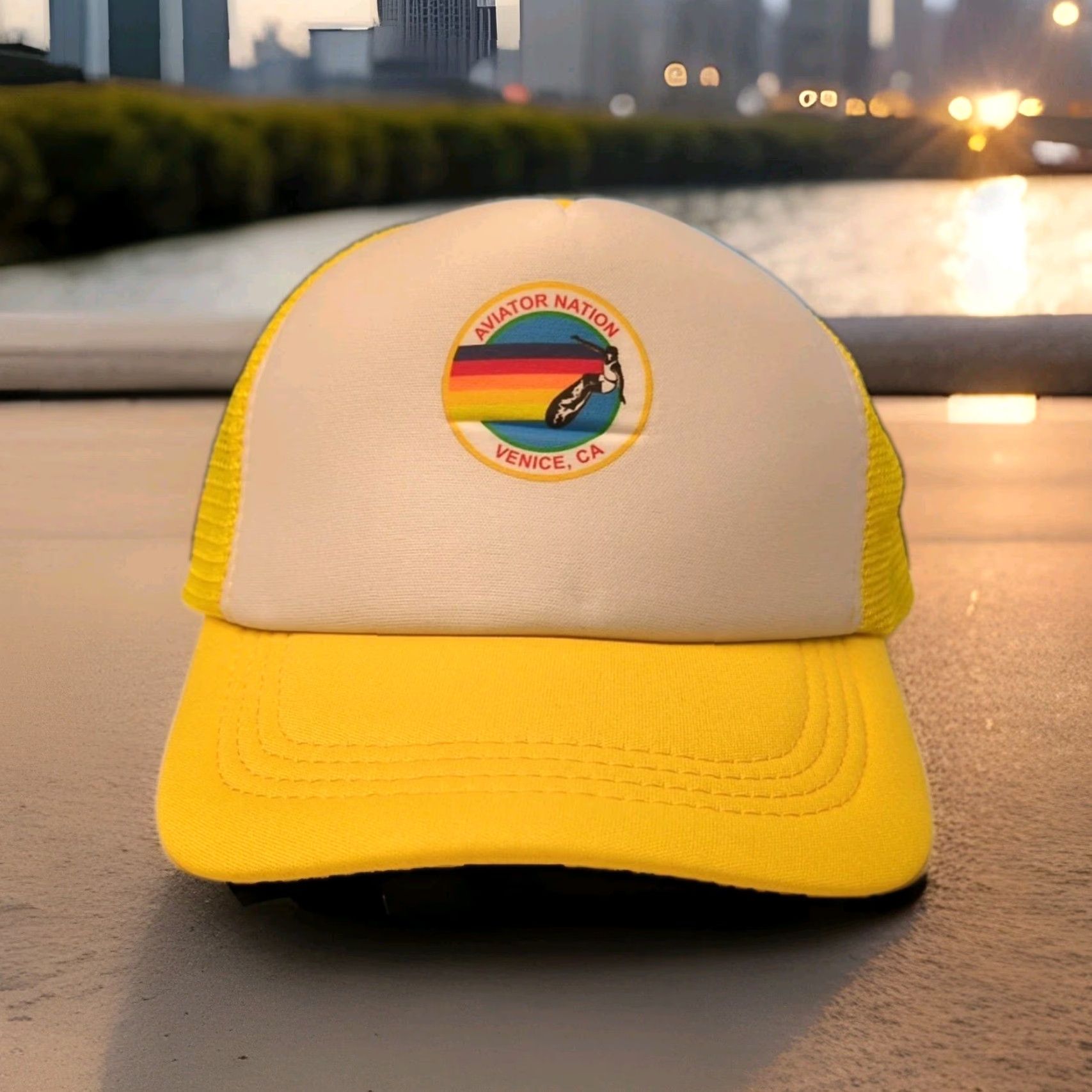 Vintage Venice Beach Surf Aviator Hat Yellow Adjustable One Size Fits Unisex Adults Baseball Cap Ocean Beach Pattern Geometric Summer Winter Poster? Size ONE SIZE - 2 Thumbnail