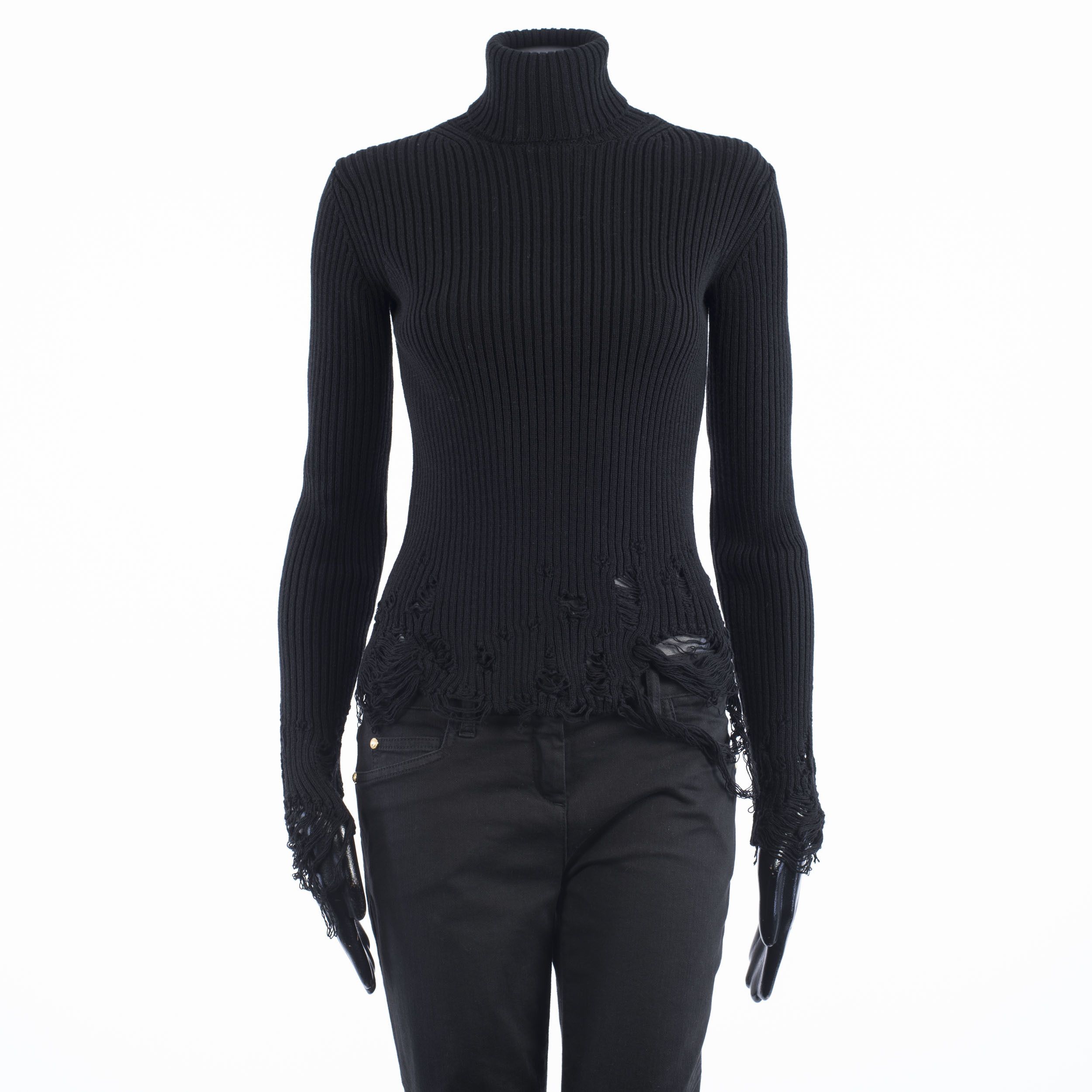 Balenciaga Distressed Long Sleeve Turtleneck Top In Black Rib Knit Size S / US 4 / IT 40 - 1 Thumbnail