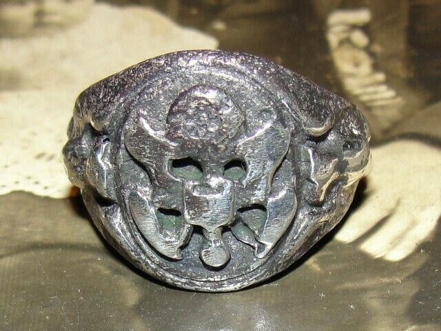 Designer Antiqued Sterling Silver World War II 2 Oval Army Ring Size ONE SIZE - 1 Thumbnail