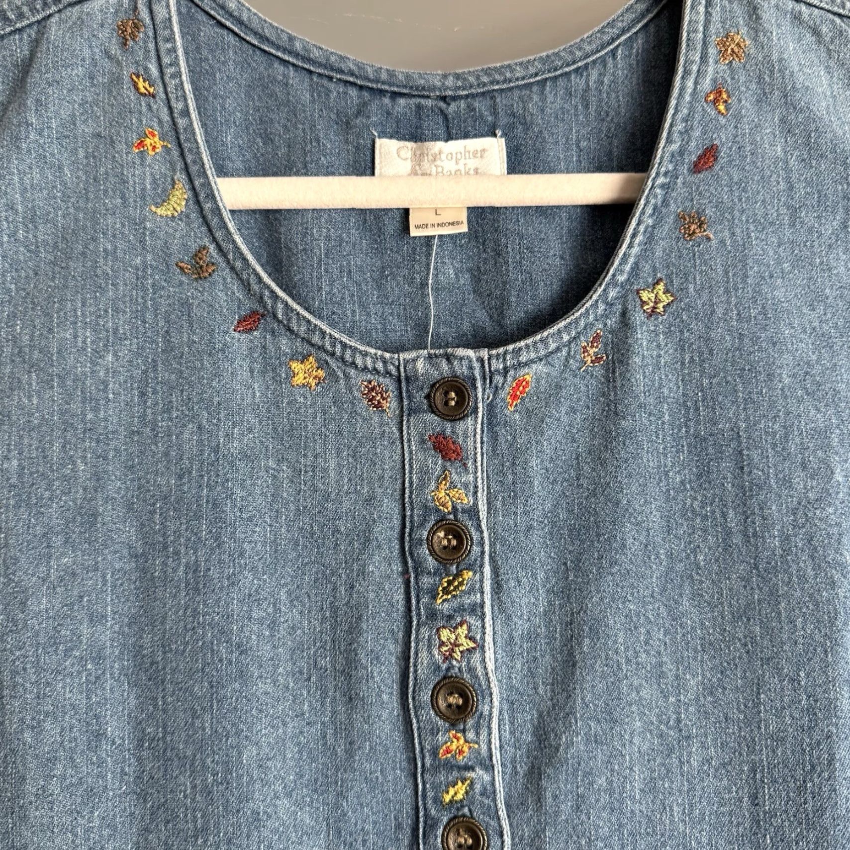 Vintage Vtg Christopher & Banks Embroidered Fall Leaves Denim Maxi Dress Autumn L Folk Size L / US 10 / IT 46 - 3 Thumbnail