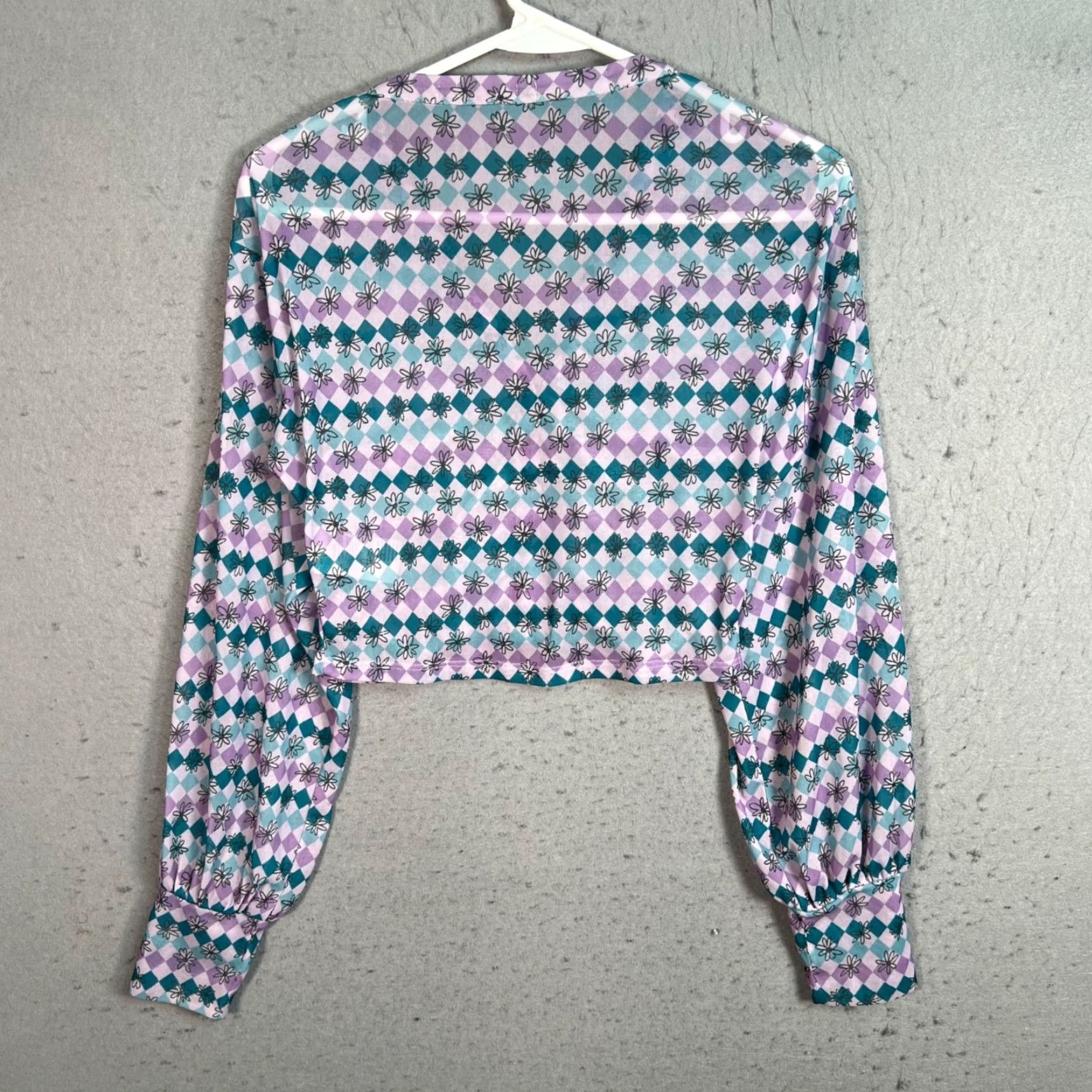 Urban Outfitters VINTAGE Urban Outfitters Womens Size Medium Argyle Floral Ruched Button Front Top Shirt Blouse Cropped Purple Long Sleeve V-Neck Size M / US 6-8 / IT 42-44 - 2 Thumbnail