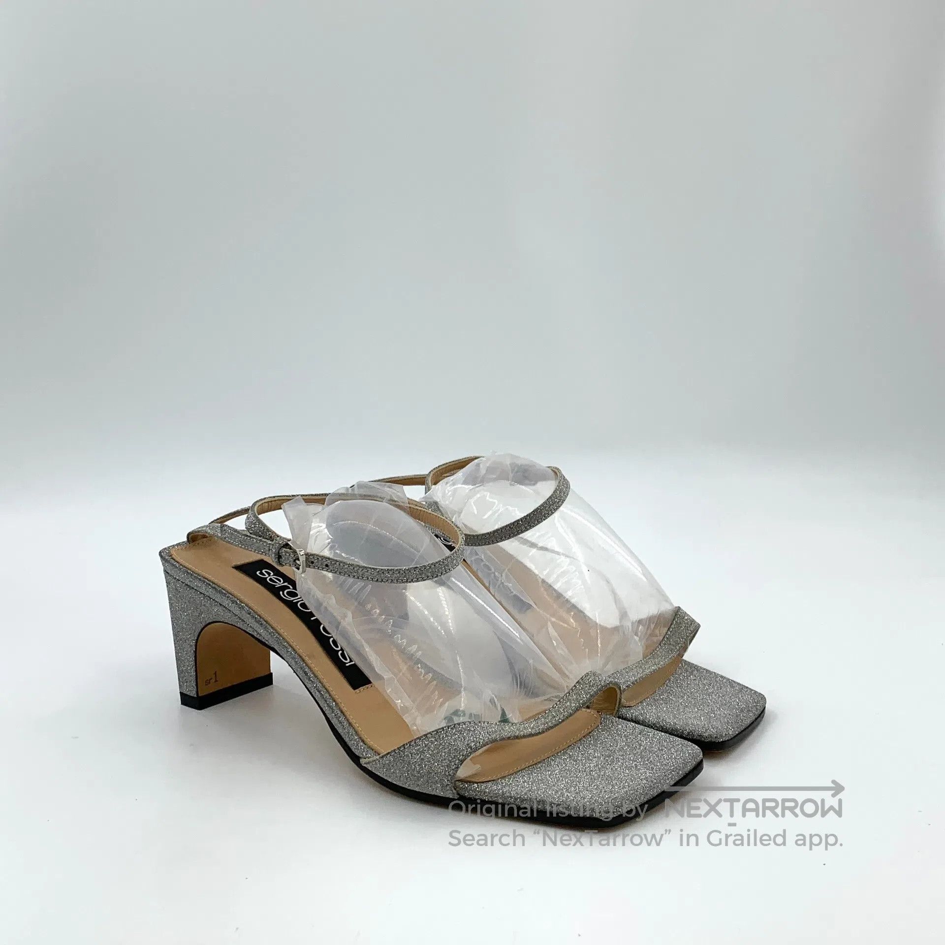 Sergio Rossi Sergio Rossi Silver Square Toe Glitter One-Strap Block Hee Size US 7 / IT 37 - 2 Thumbnail