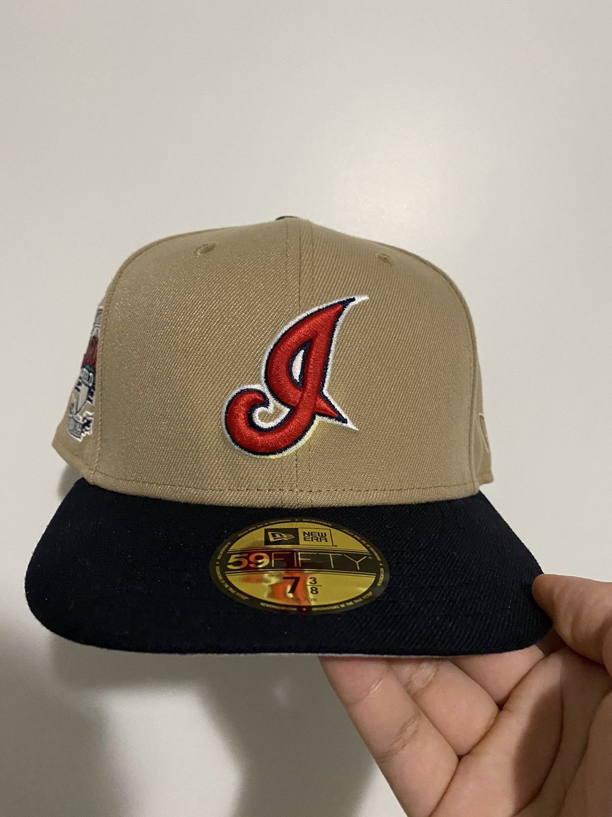 image of New Era Cleveland Indians I Logo Khaki Fitted Hat Size 7 3/8, Men's