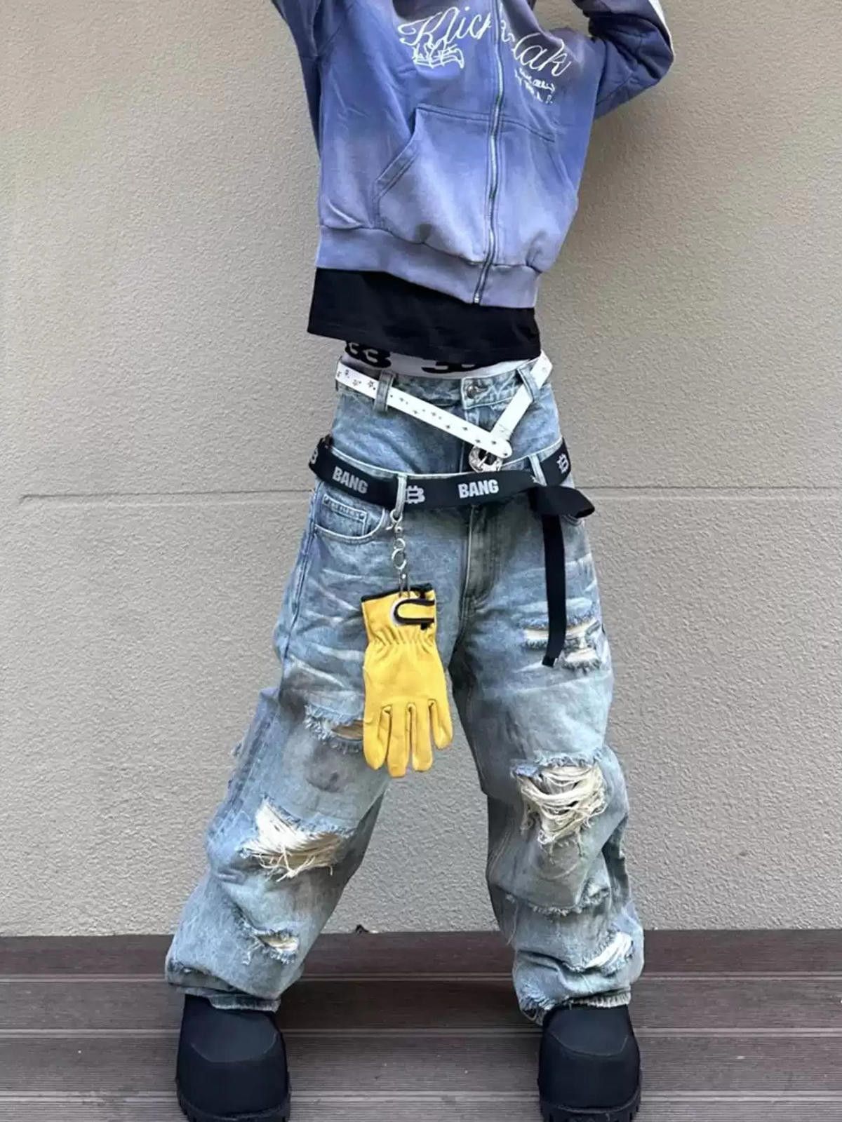 Jean Double-Waistband Ripped Floor-Length Wide-Leg Denim Jeans Size US 30 / EU 46 - 5 Thumbnail