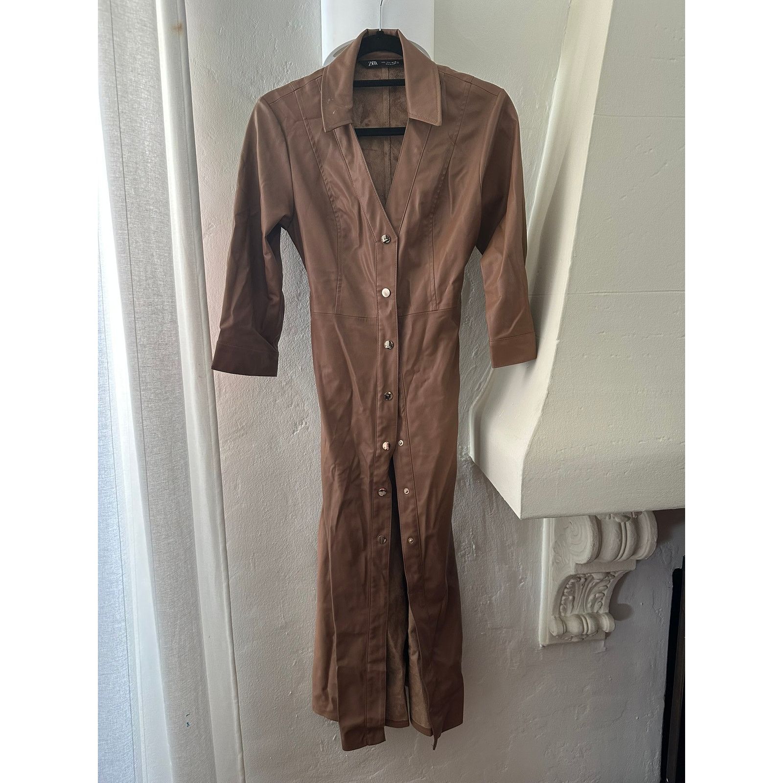 Zara Brown Faux Leather Long Coat Dress S - ilac.rochib.com