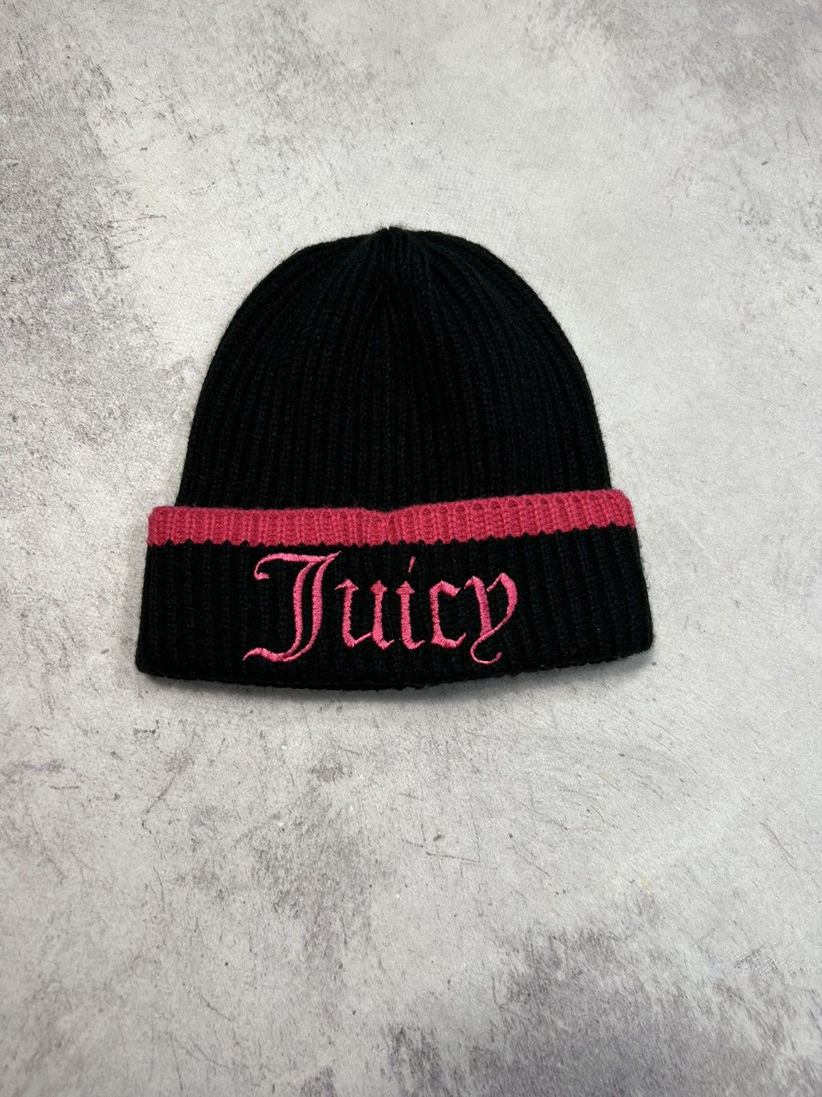 Y2K Juicy Couture Beanie Black Pink Stripe Gothic Logo Knit