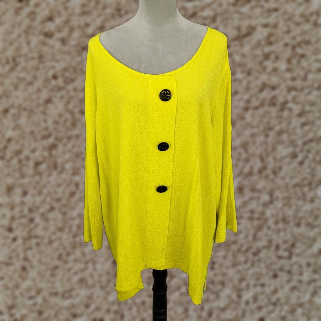 Vintage Ali Miles Top 2X Womens Blouse Tunic Long Sleeve Button Accents Yellow Crinkle Texture Pattern Solid Size XXL / US 16-18 / IT 52-54 - 1 Thumbnail