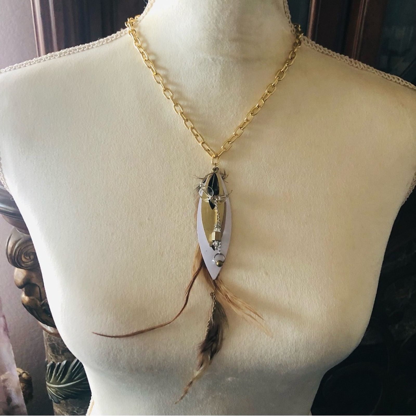 Handmade Handcrafted repurpose genuine feather dangle necklace Size ONE SIZE - 2 Thumbnail