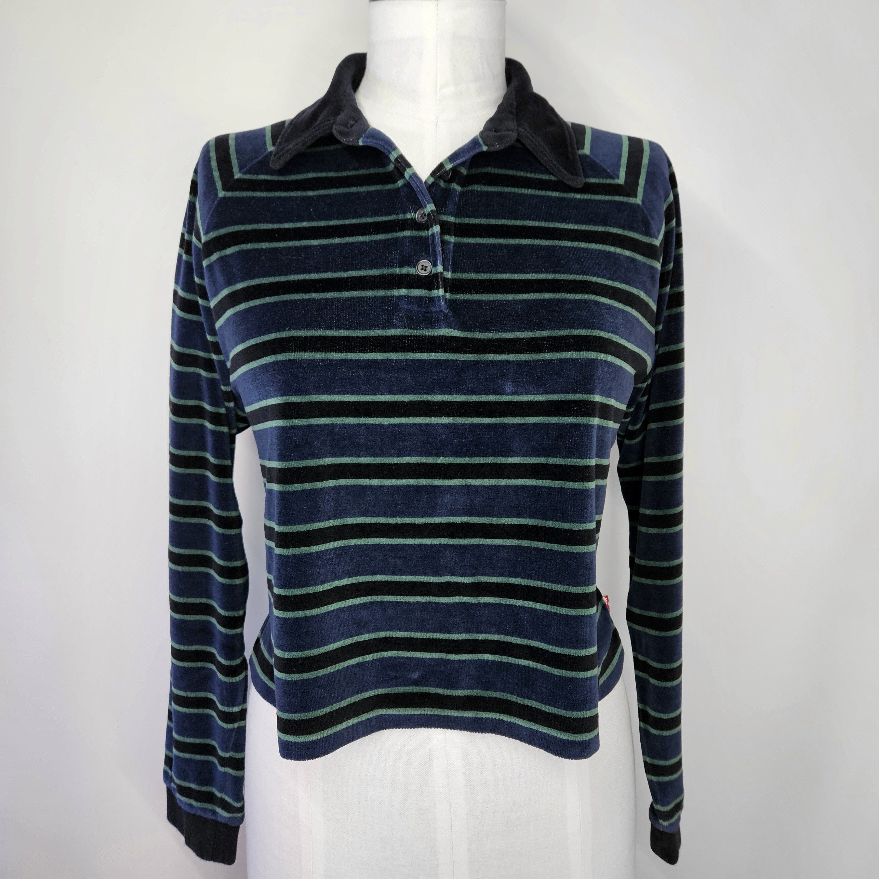 Levi's Levi's Size M Rugby Shirt Green Blue Cropped Velour Striped Size M / US 6-8 / IT 42-44 - 1 Thumbnail