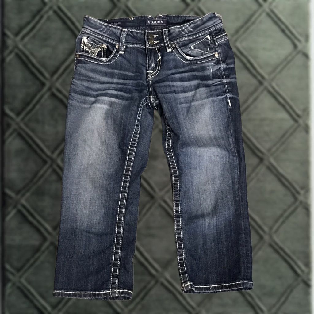Vintage VIGOSS Jeans Capri W29 L19 jewel bling distressed Embellished thick stitch Solid Blue Size 29" - 1 Thumbnail