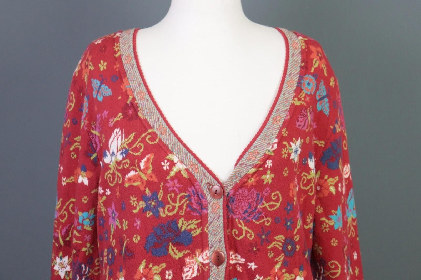 Designer Dunque Red Floral Wool Button Cardigan Sweater Size XL Size XL / US 12-14 / IT 48-50 - 2 Thumbnail