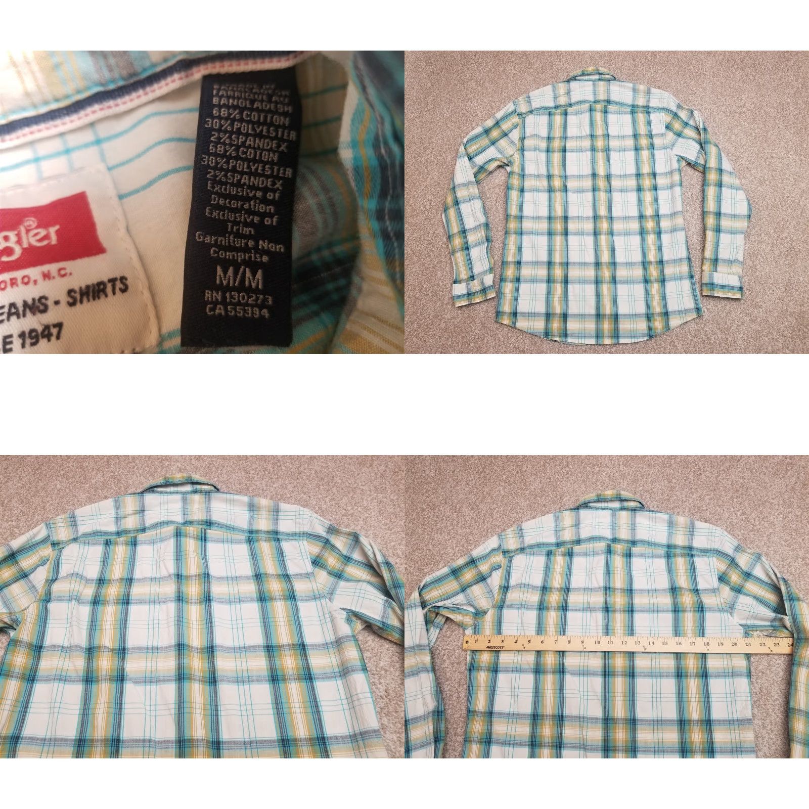 Wrangler Wrangler Men Shirt Medium Blue Plaid Long Sleeve Button-Up Cowboy Performance Blend Western Casual Size US M / EU 48-50 / 2 - 8 Thumbnail