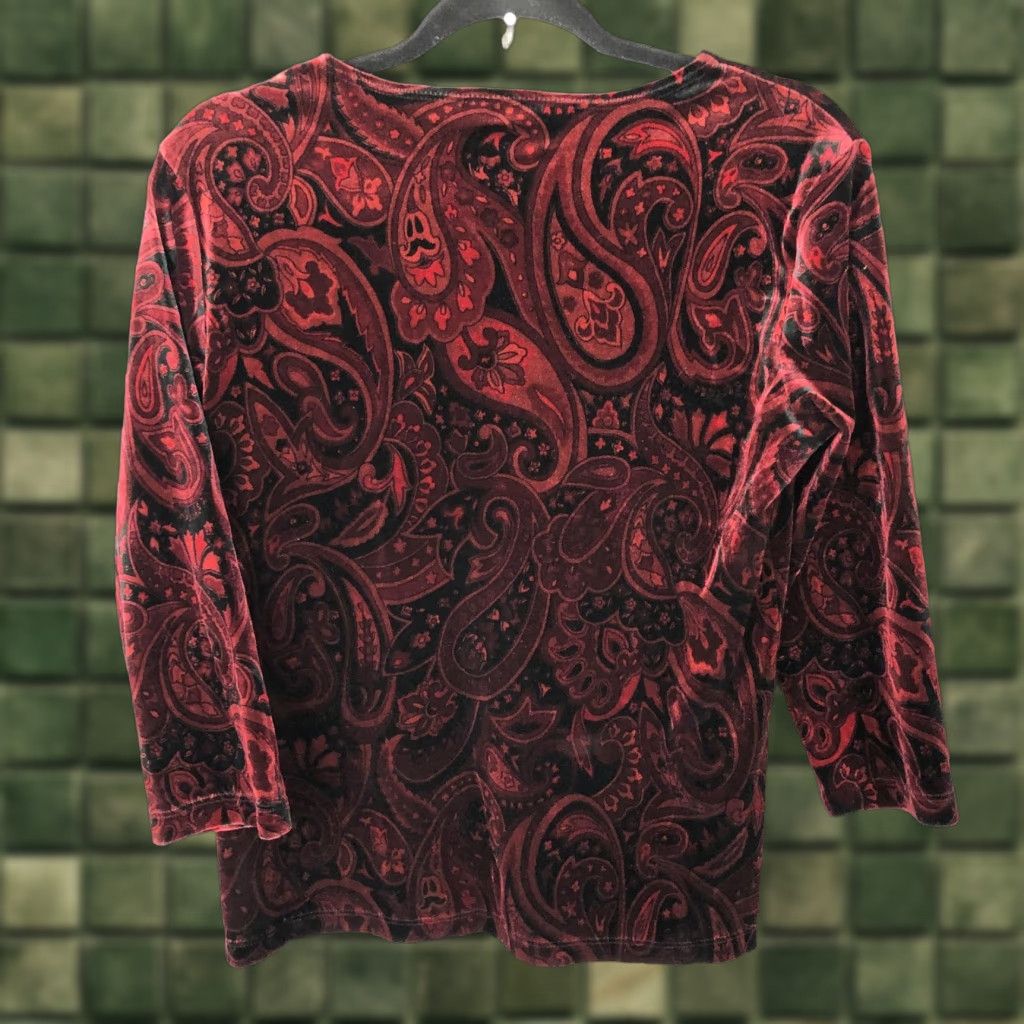 Vintage Impressions Blouse Womens Small Red Paisley Velvet V-Neck 3/4 Sleeve Whimsigoth Retro Shirt Womens, Red, Paisley, Velvet, V-Neck, 3/4 Sleeve, Small Size S / US 4 / IT 40 - 1 Thumbnail