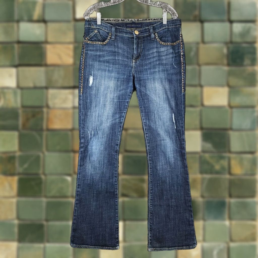 Vintage ROCK & REPUBLIC Womens Distressed Bootcut Jeans Size 12 Blue Size 34" / US 12 / IT 48 - 1 Thumbnail