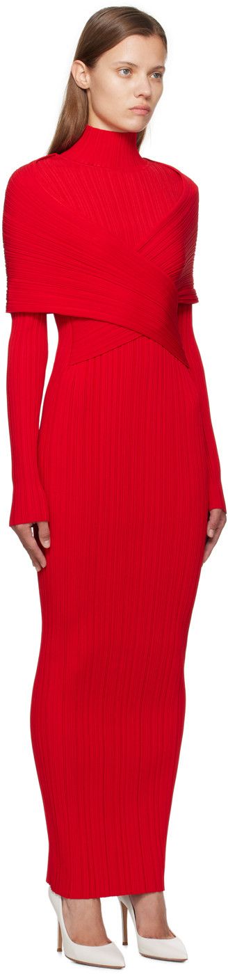 Balmain o1s1wg111025 Hi-neck Pleated Knit Long Dress in Red Size XS / US 0-2 / IT 36-38 - 3 Thumbnail