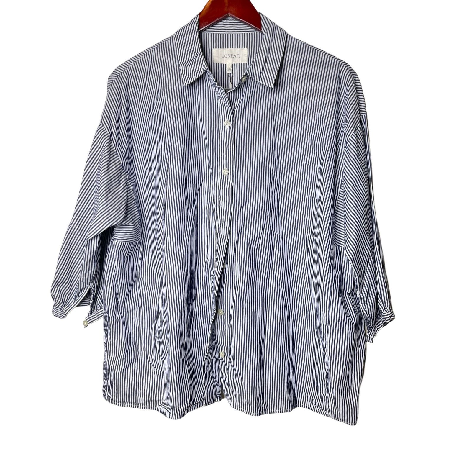 THE GREAT The Great. 3/4 Sleeve Button Down Pinstrip Shirt Blue 1 US S Size S / US 4 / IT 40 - 2 Thumbnail